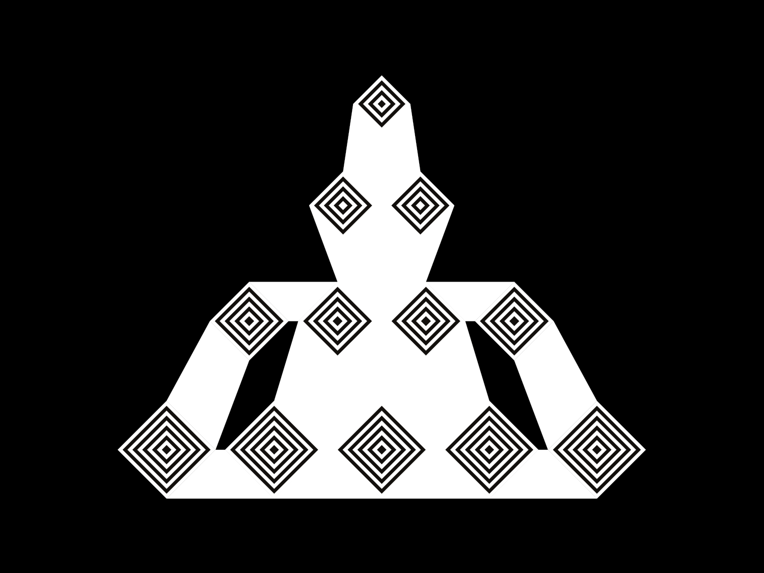 White stepped pyramid form decorated with black diamond motifs