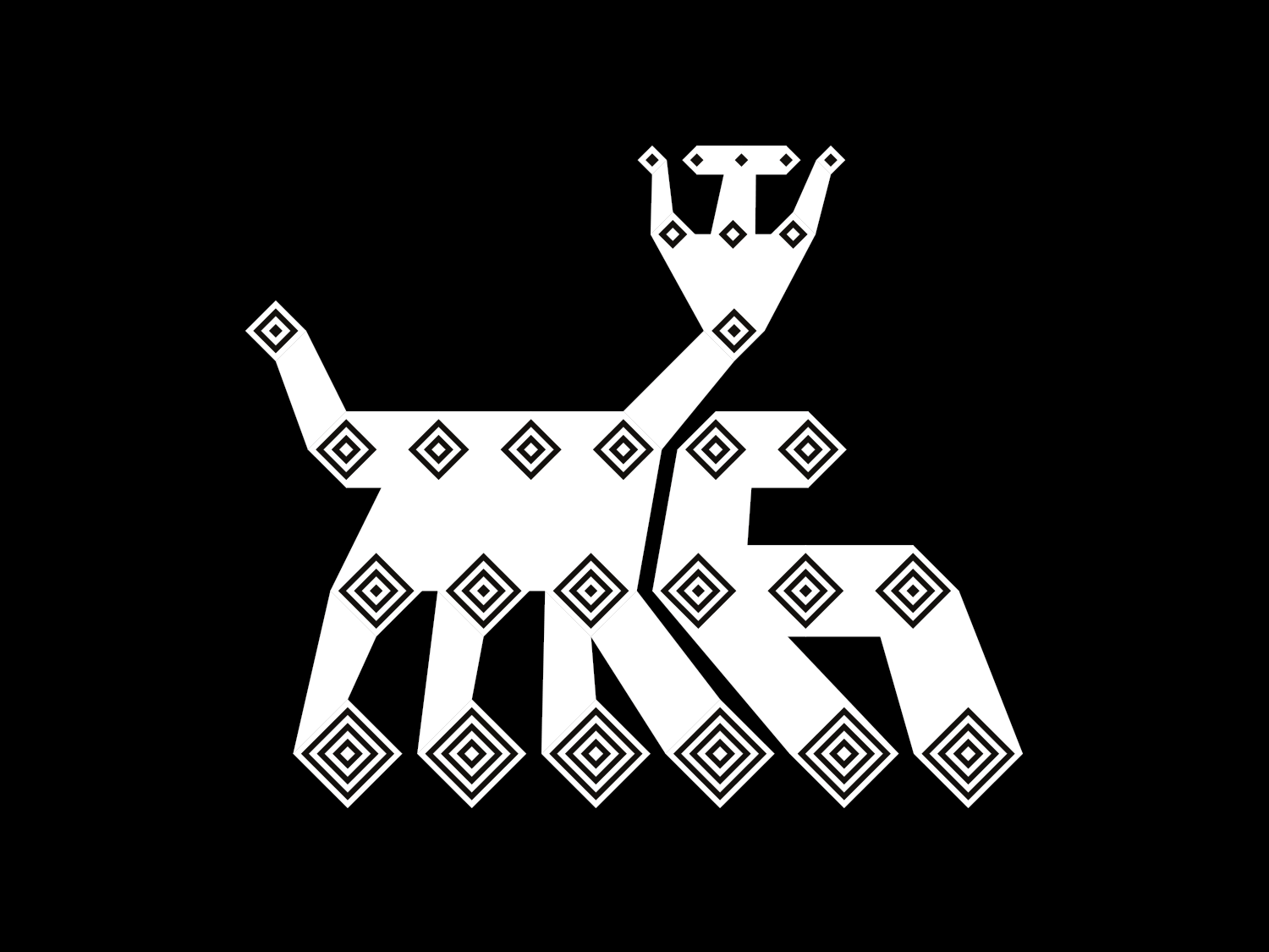 White deer-like geometric figure with black diamond motifs