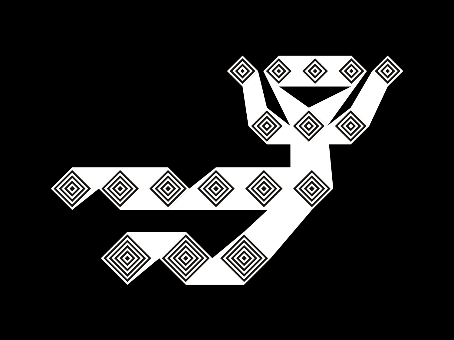 White zigzag geometric shape ending in a diamond-patterned bowl form