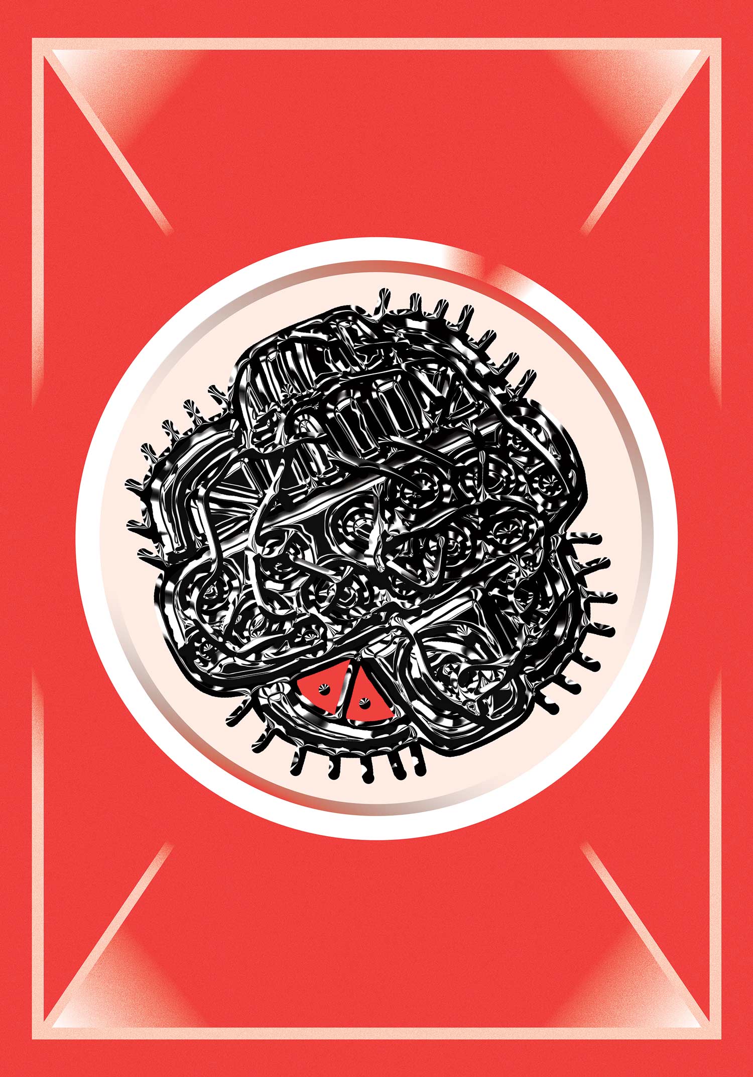 Dense black circular line drawing with a small red shape at its lower edge