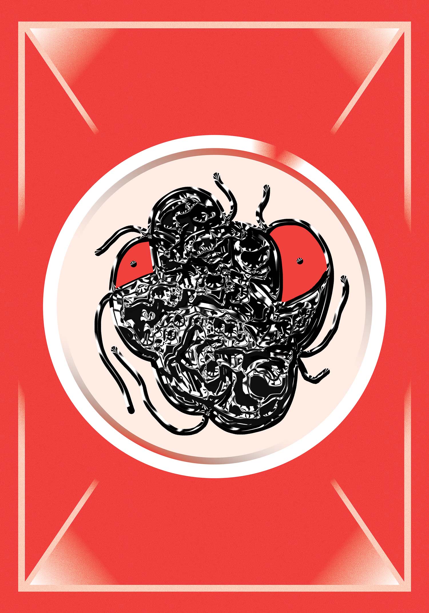 Black looped line drawing with two red circular patches inside a white circle