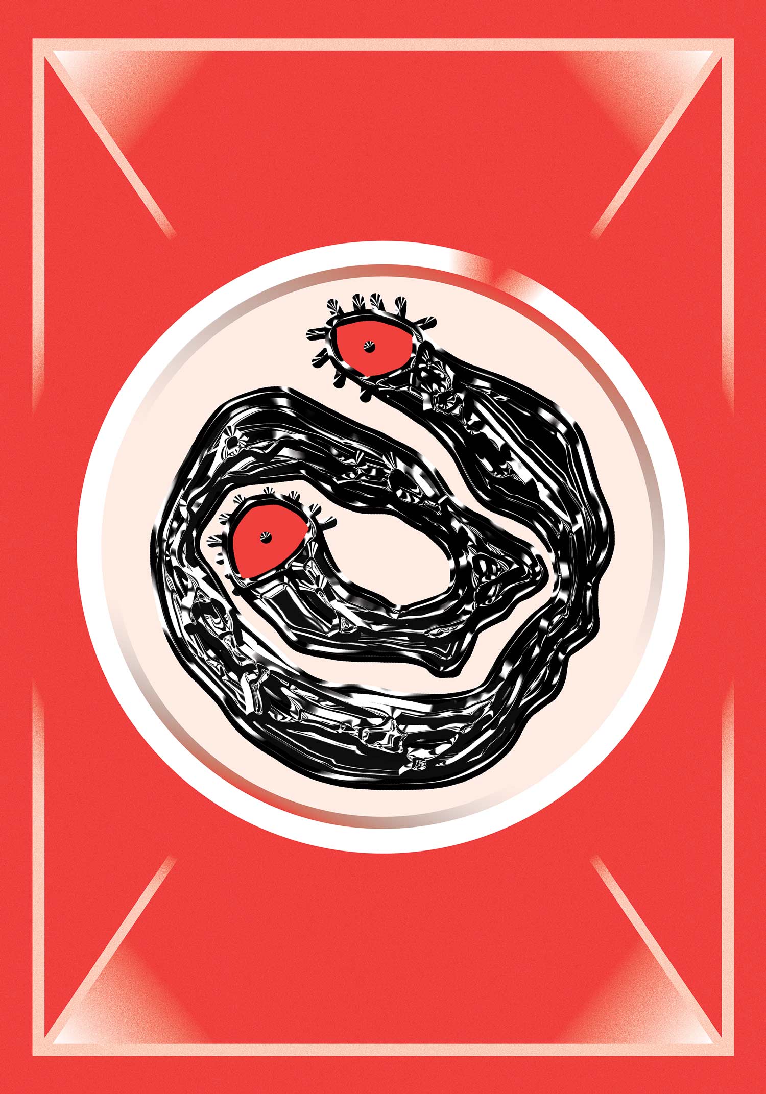 Black looped line drawing with small red circular accents inside a white circle