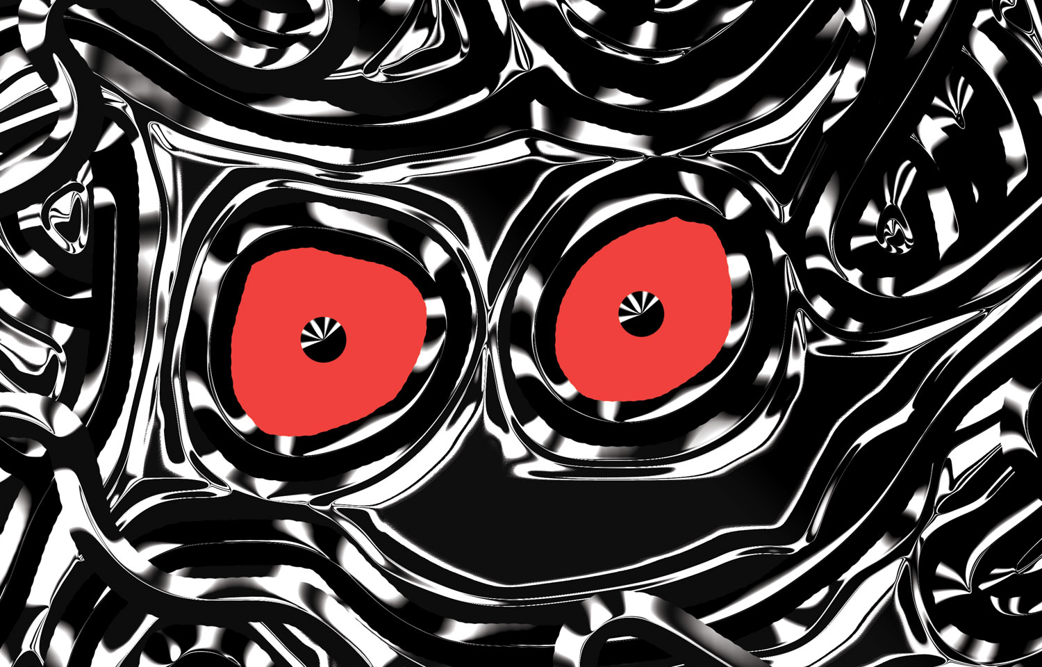 Black-and-white abstract pattern with red circular eyes
