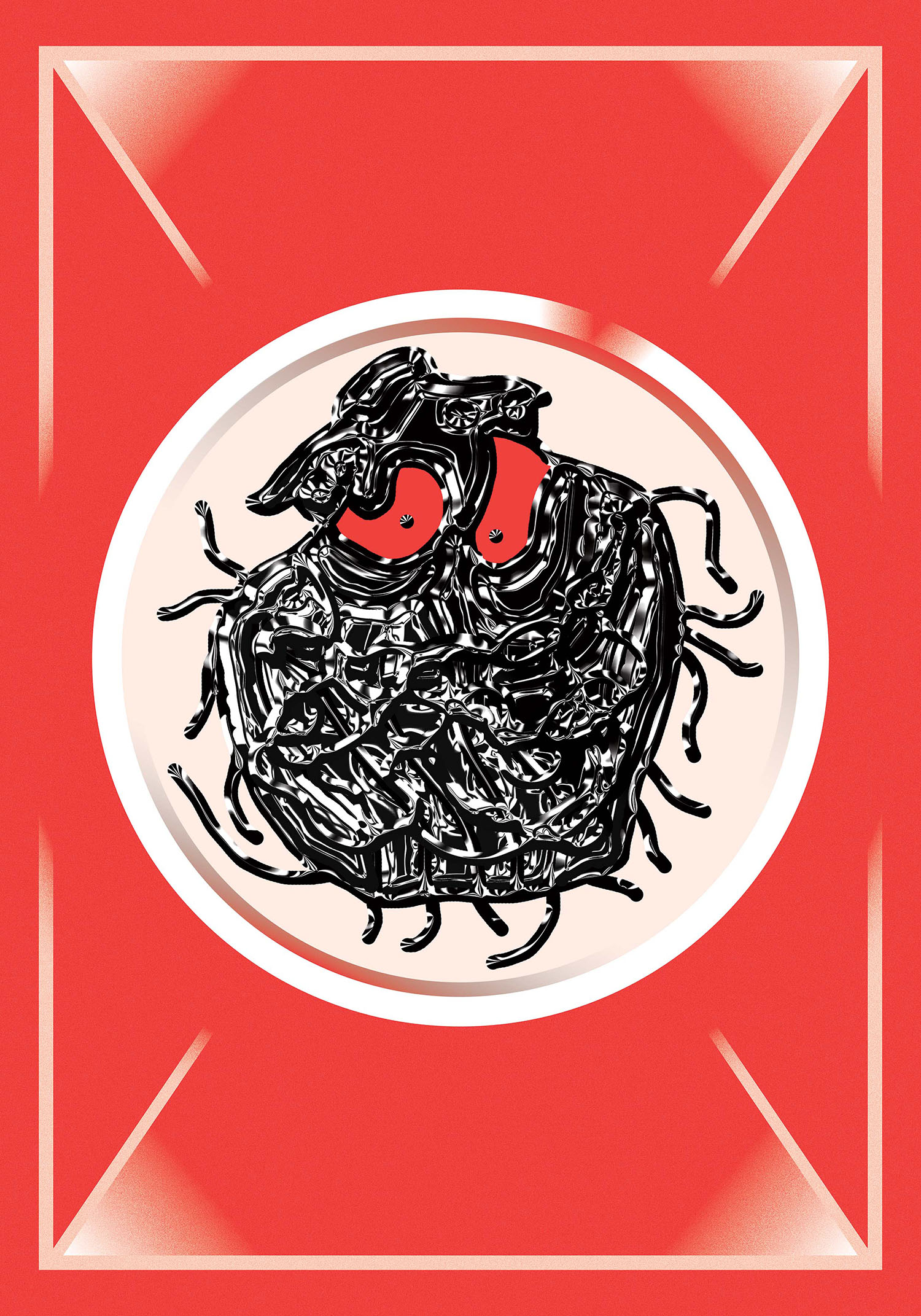 Black tangled line-drawing mass with a red striped form inside a white circle on red