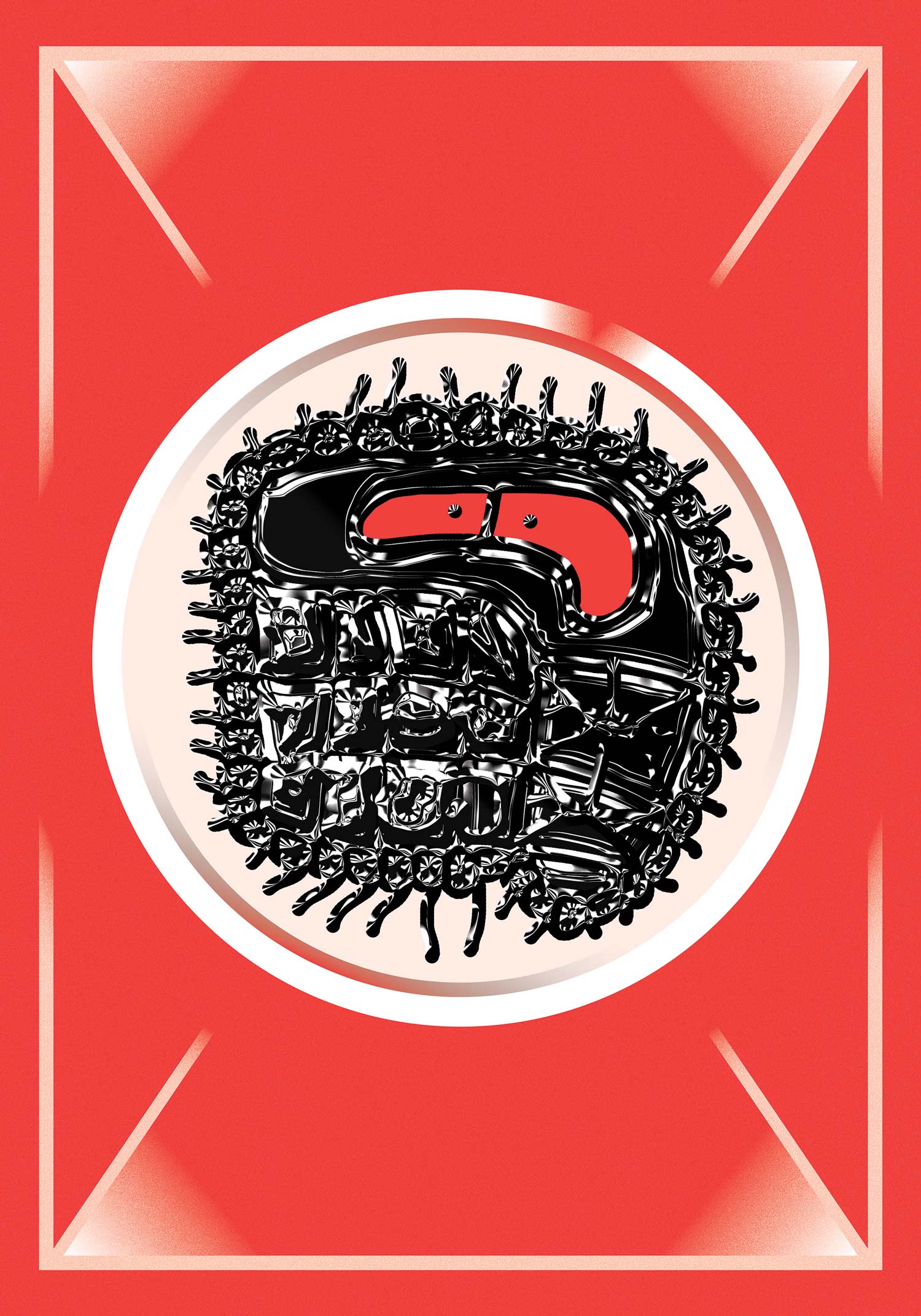Black striped oval line drawing with a red rectangular centre on red