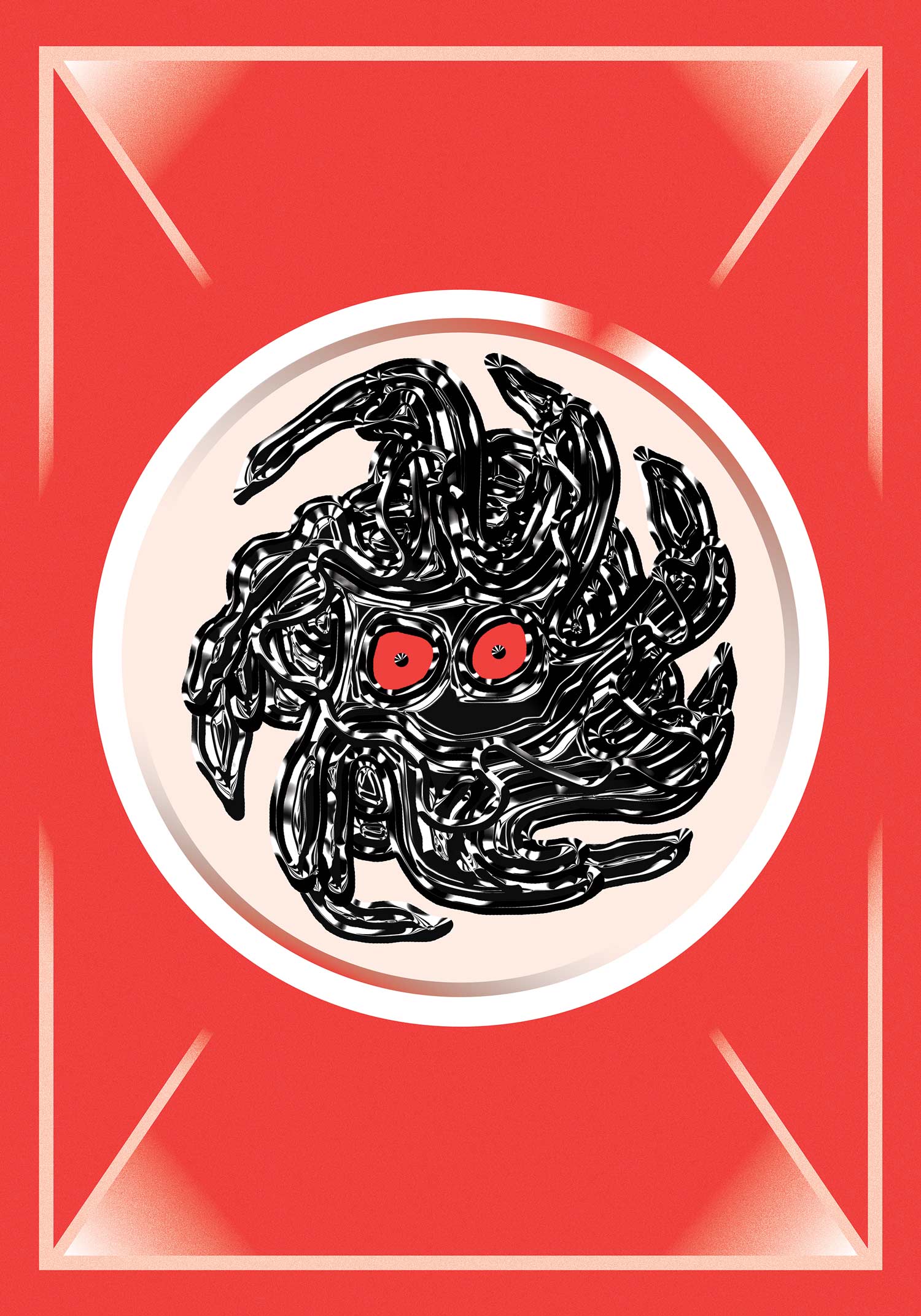 Black insect-like line drawing with two red circular eyes inside a white circle