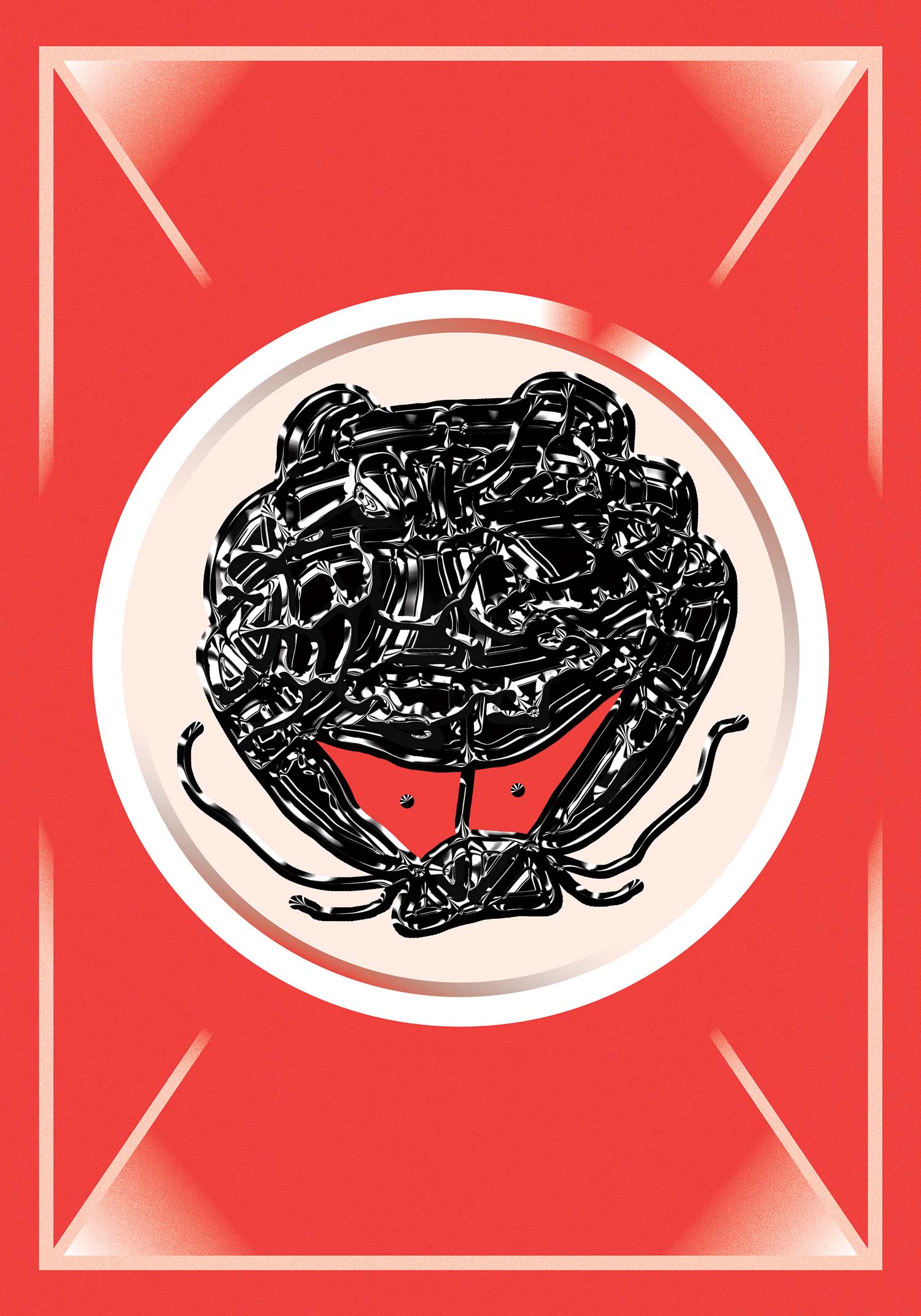Black coiled line drawing with a red crescent-shaped form at the bottom