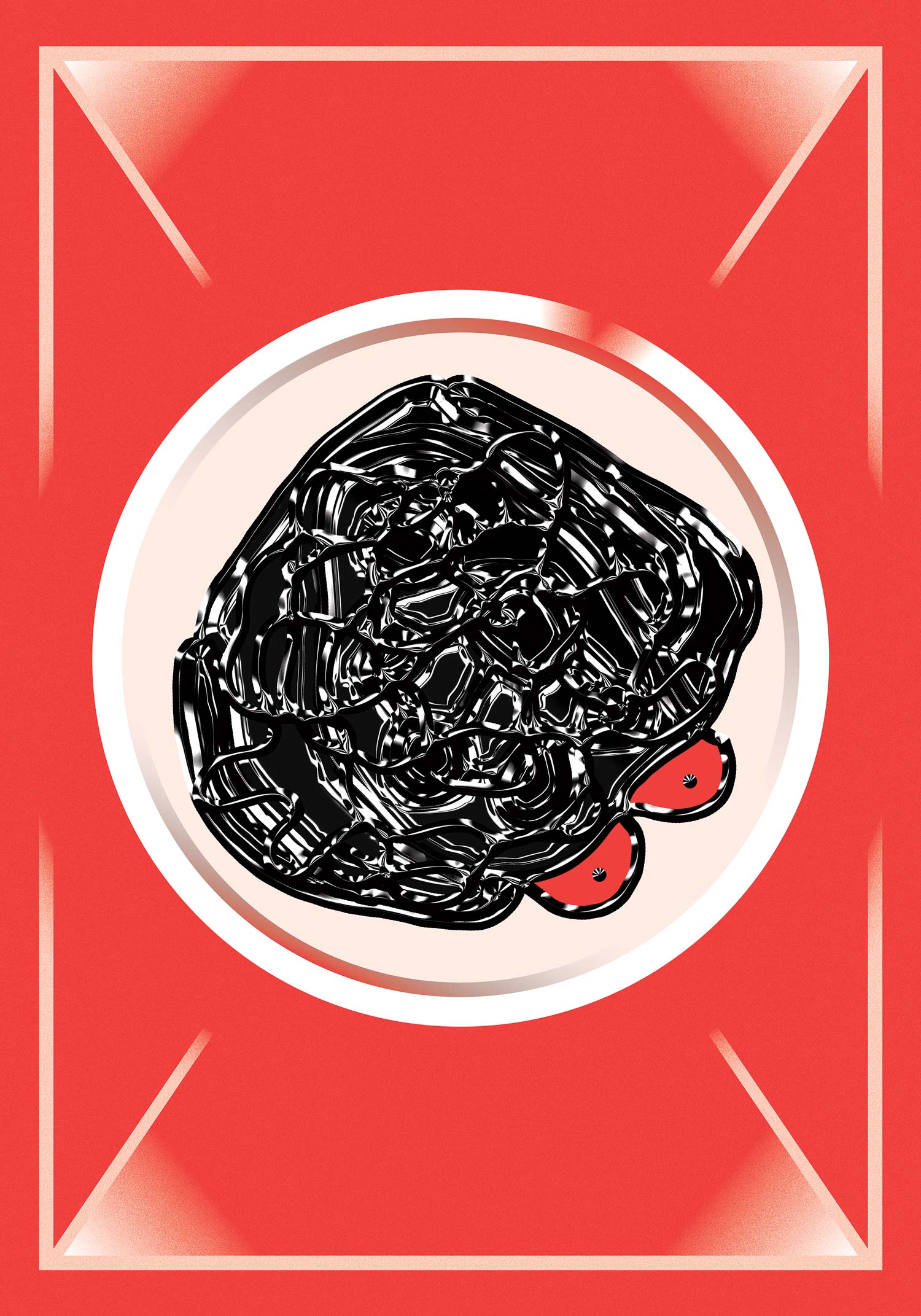 Dense black tangled line drawing with a red crescent along its lower edge