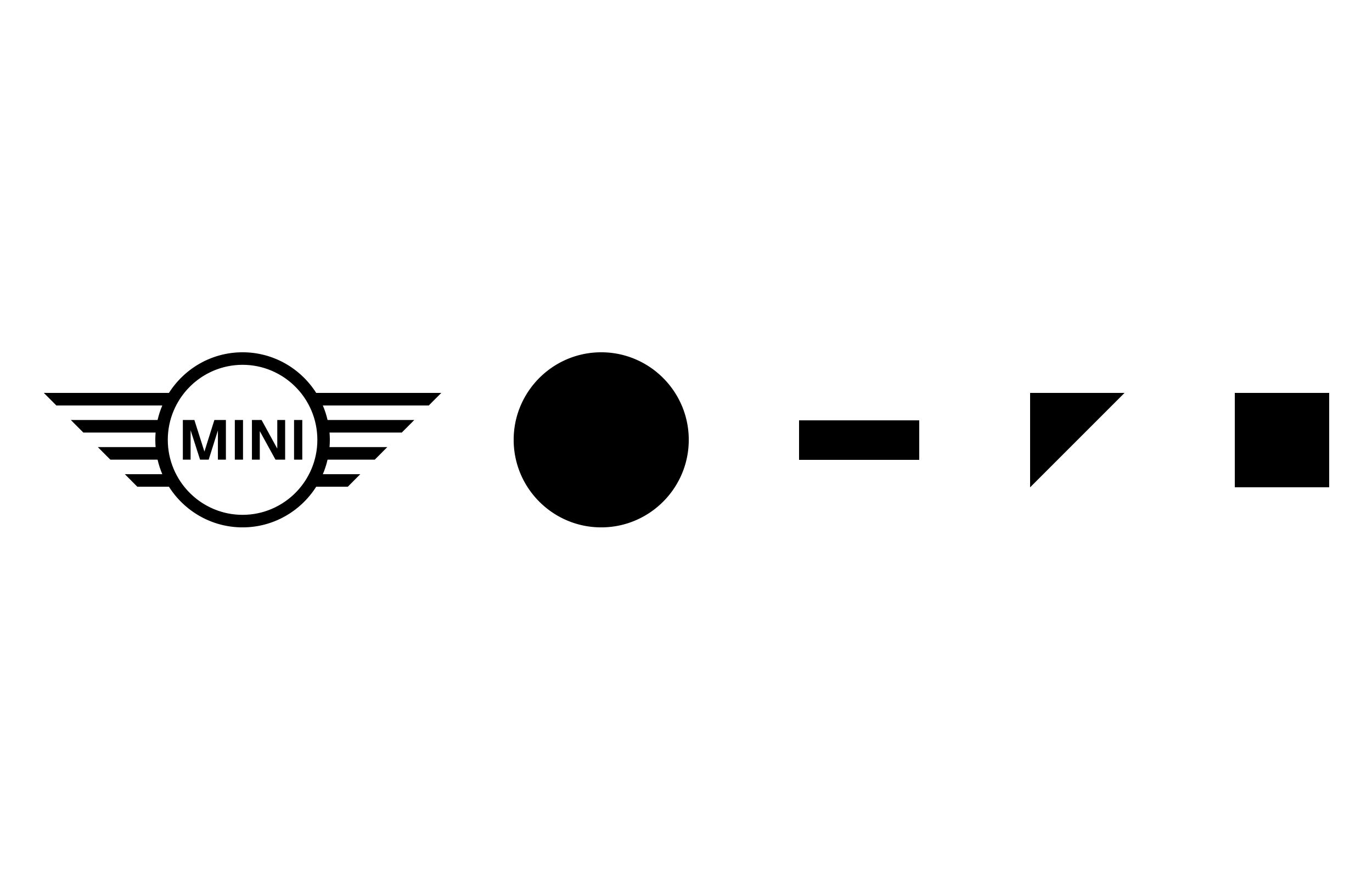 Mini winged badge followed by black circle, bar, triangle and square symbols