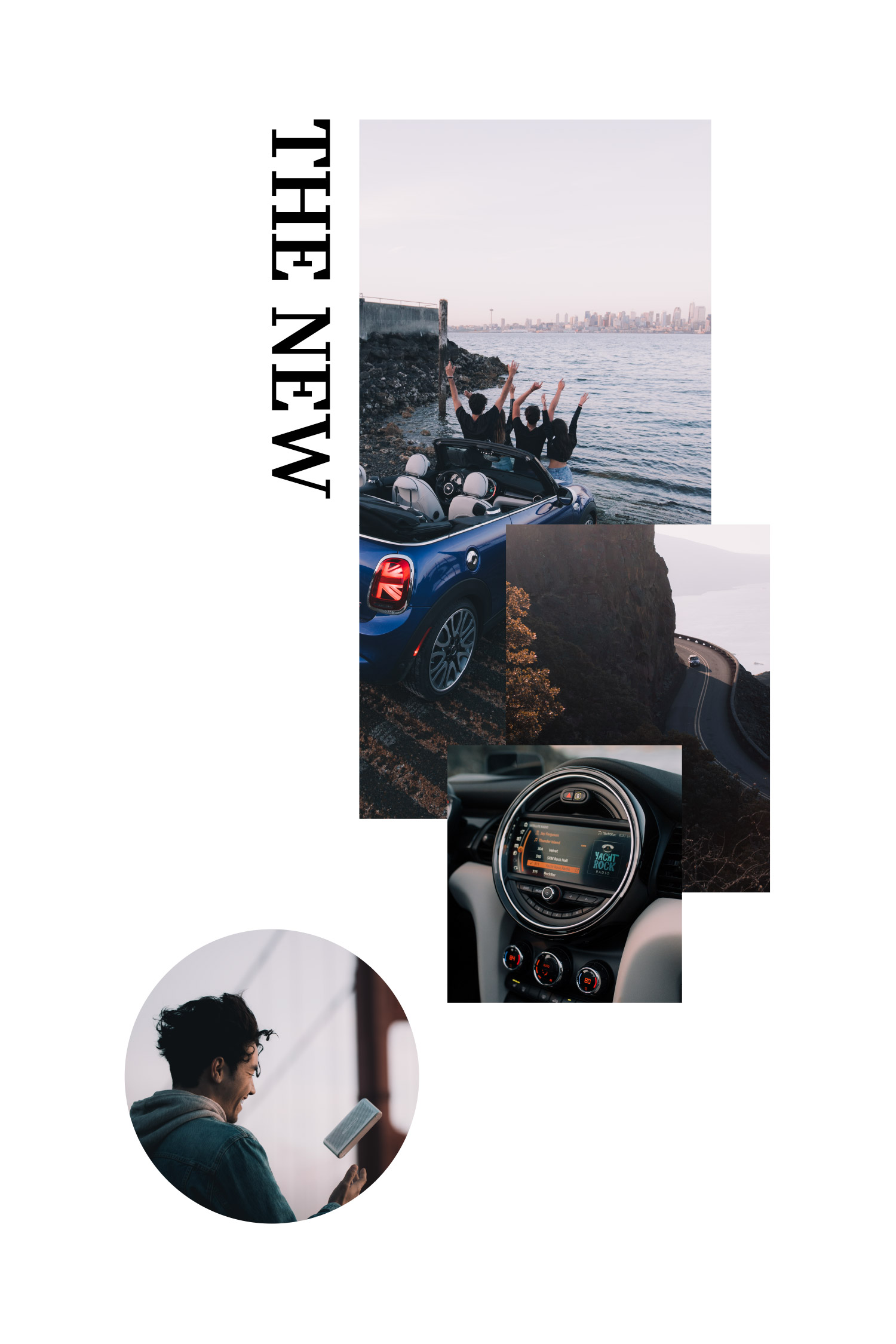 Mini editorial collage of coastal car photographs and a person in a circular cutout