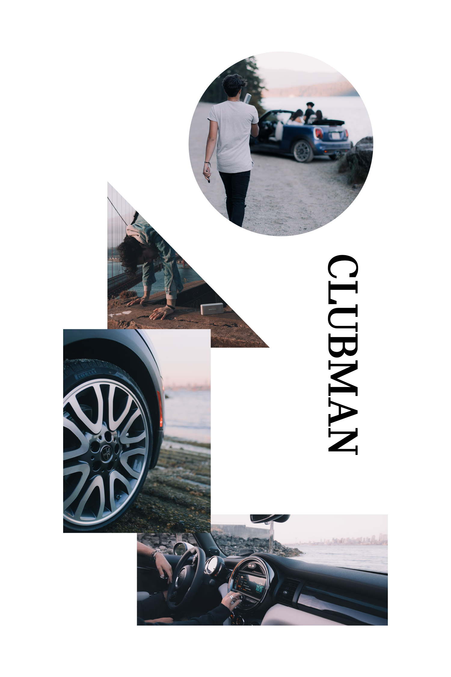 Mini Clubman editorial collage of car details and coastal photographs