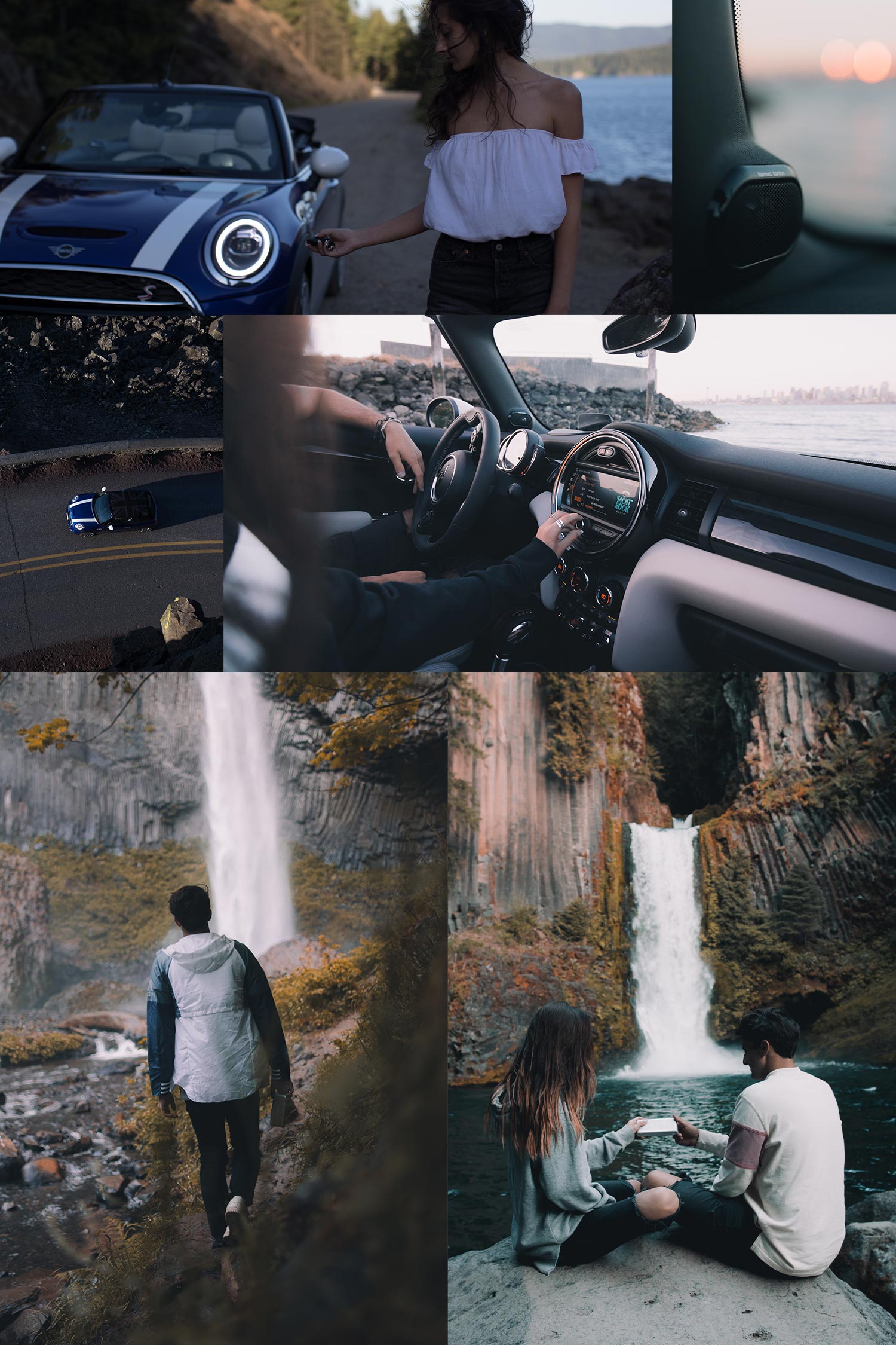 Vertical collage of Mini car details and people outdoors