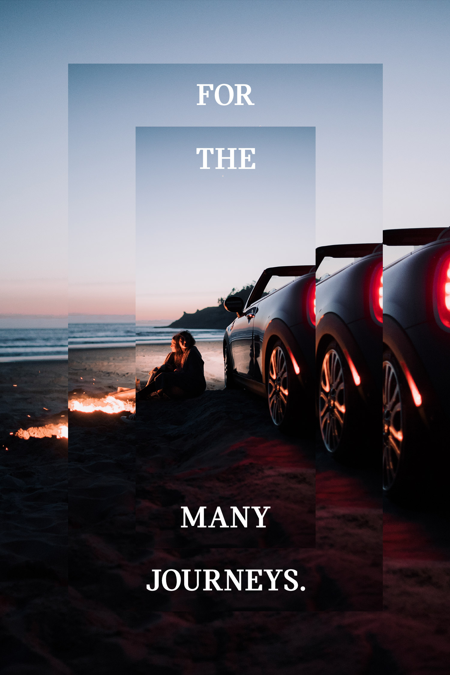 Dark Mini car parked at the coast with the words For the Many Journeys