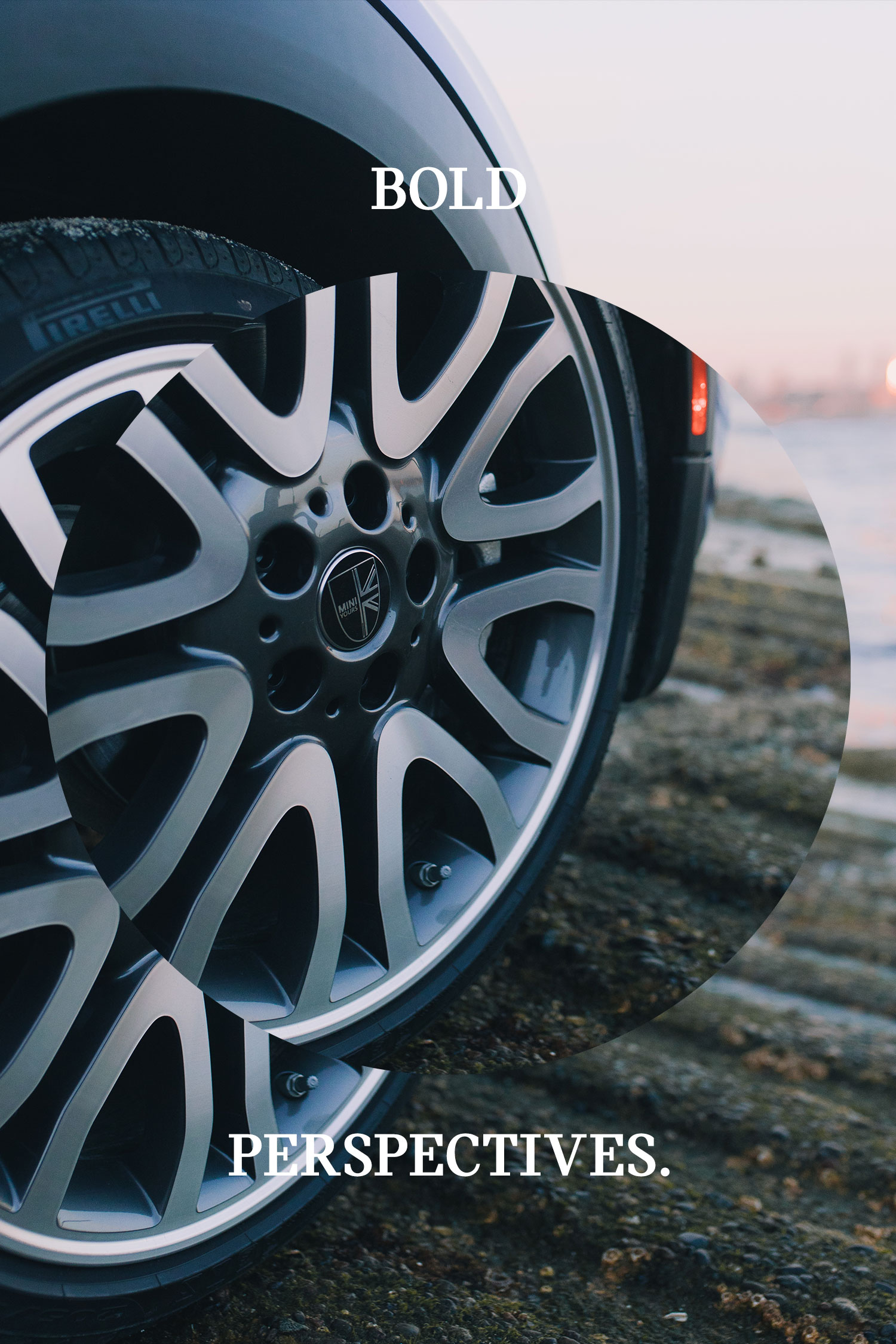 Close-up of a Mini alloy wheel with the words Bold Perspectives
