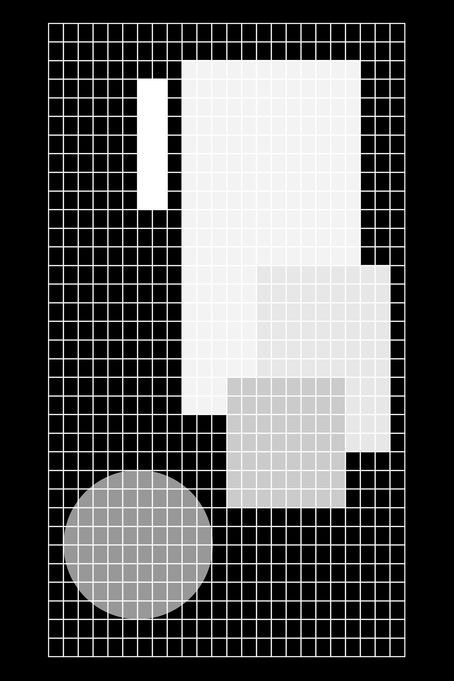 White geometric blocks and circles arranged on a black grid