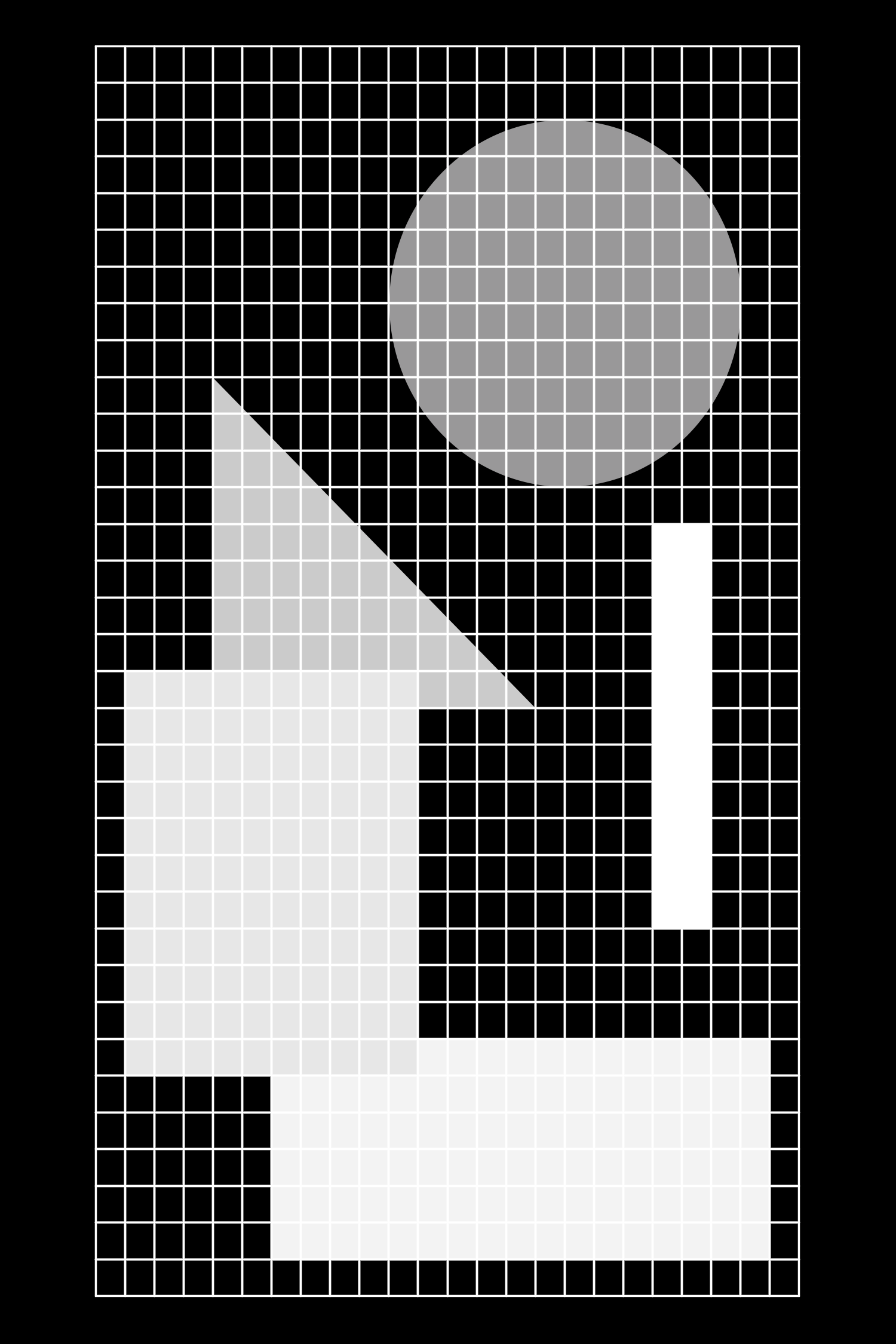 White geometric blocks with circle and triangle forms on a black grid
