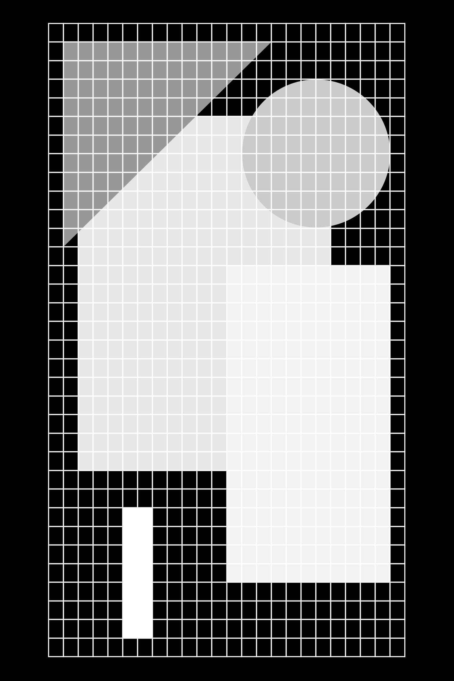 White geometric blocks with a large circle on a black grid
