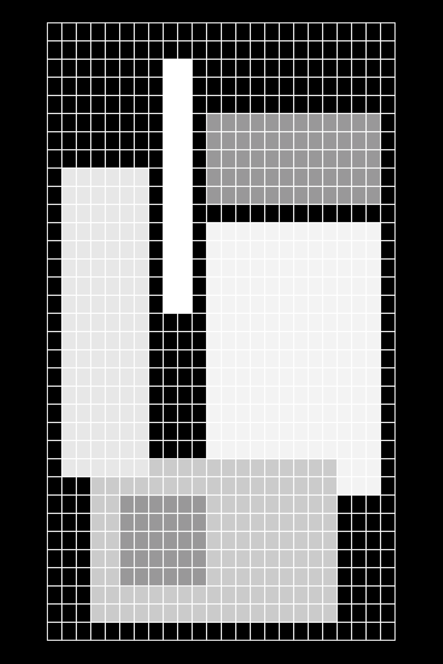 White and grey geometric rectangles arranged on a black grid