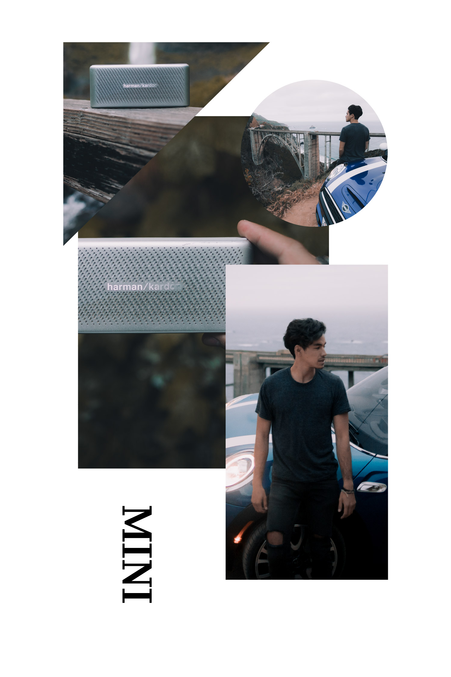 Mini editorial collage of coastal photographs and a standing person