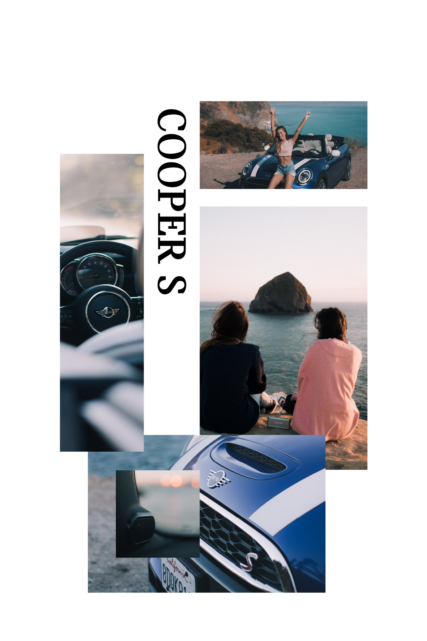 Mini Cooper S editorial collage of car details and people by the coast