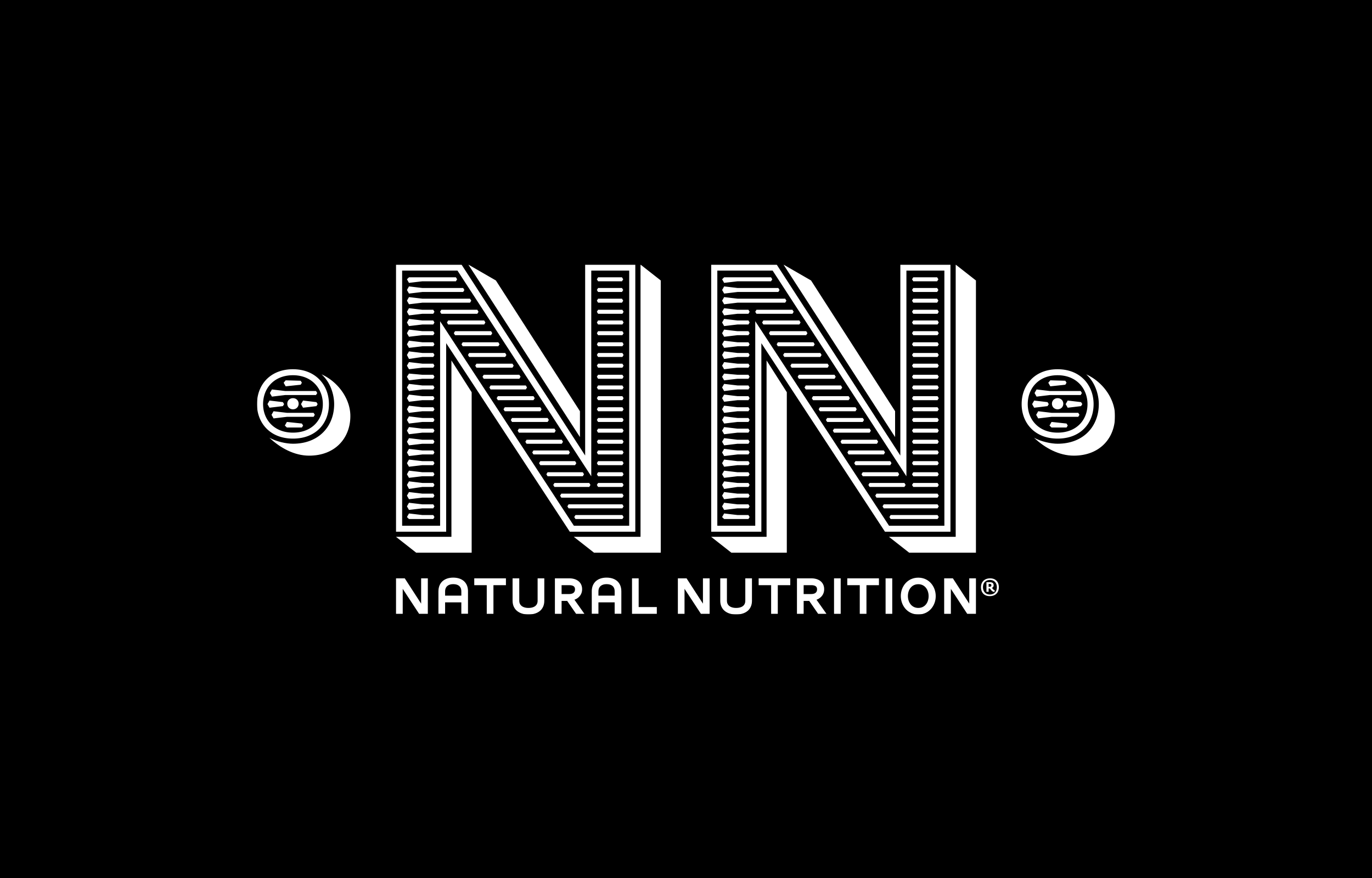 White NN Natural Nutrition logo in outlined lettering on black