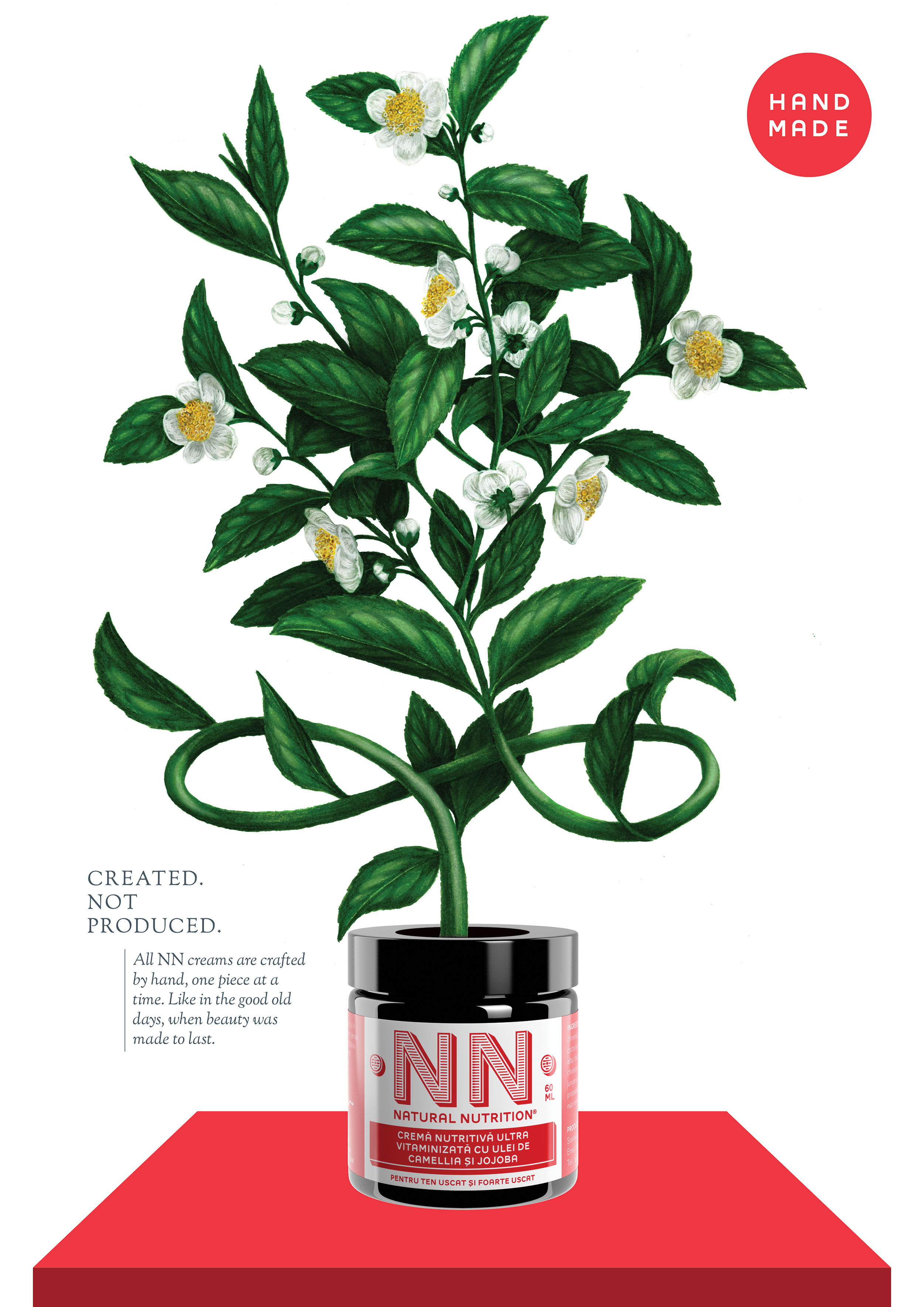 NN jar below a leafy citrus branch on a red geometric platform