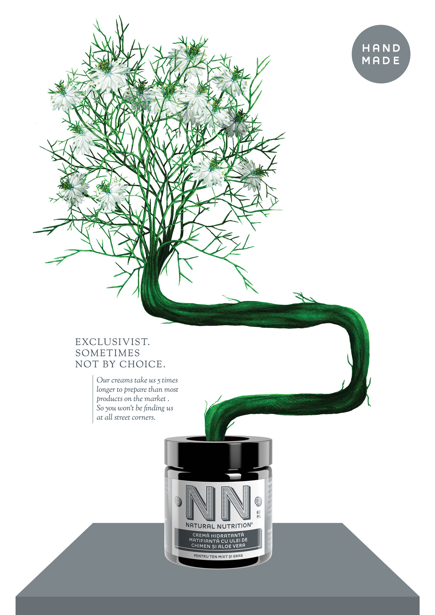 NN jar below a delicate green plant on a grey geometric platform
