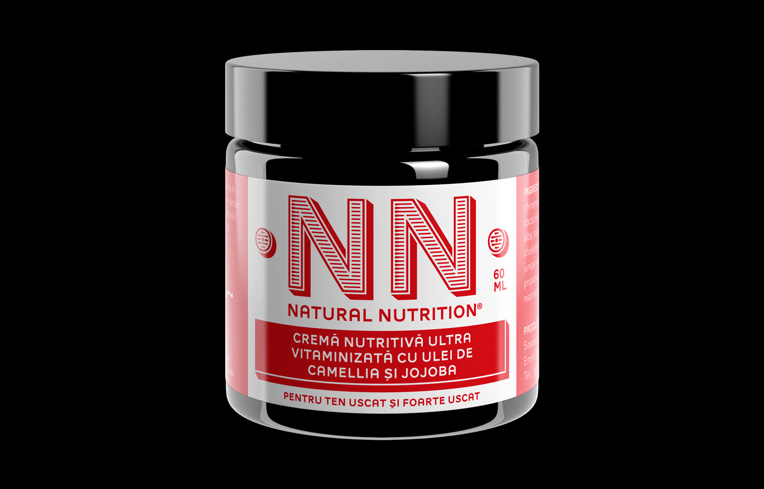 Black-lidded NN jar with pink label on a black background