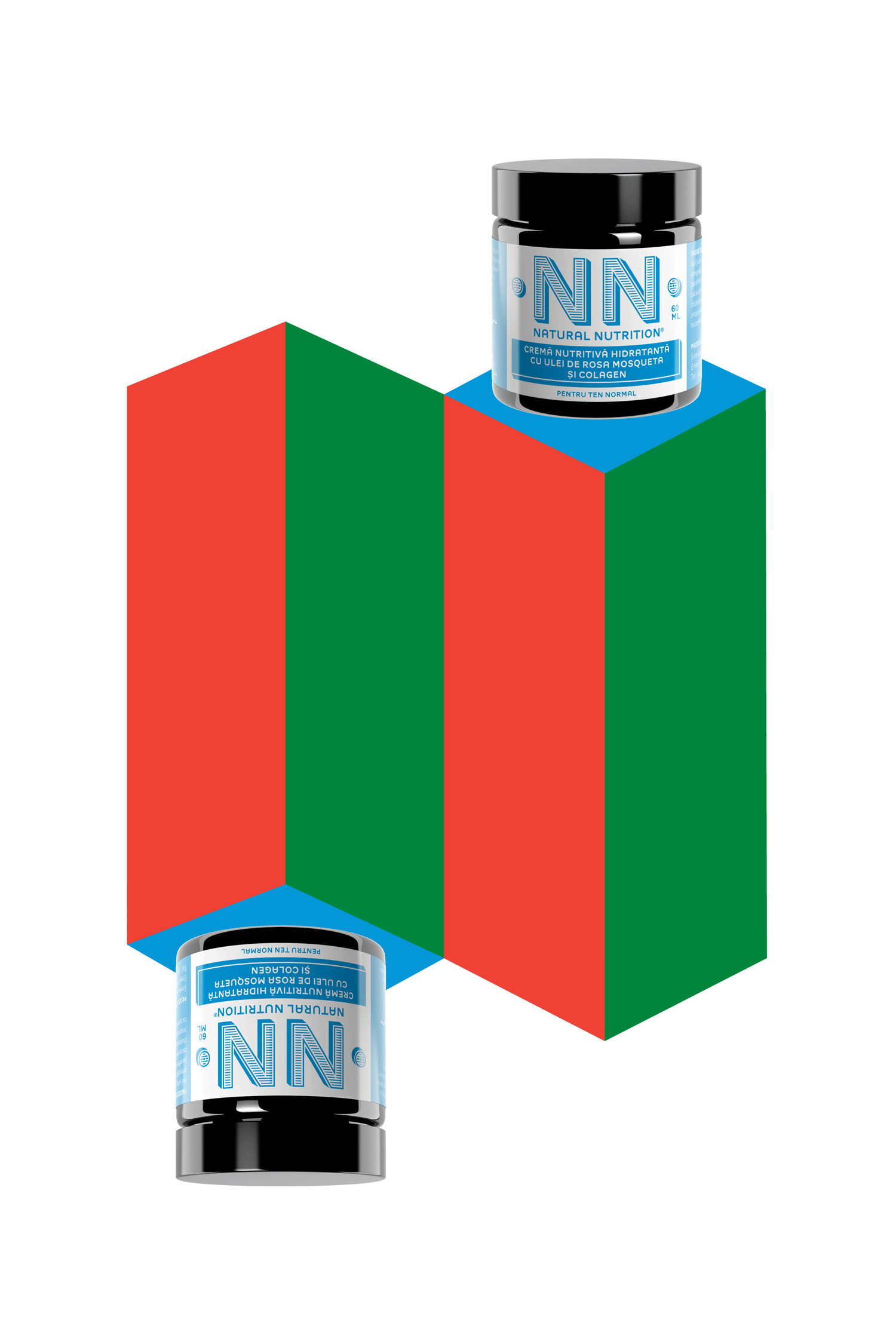 Two NN jars arranged on red and green stepped geometric blocks