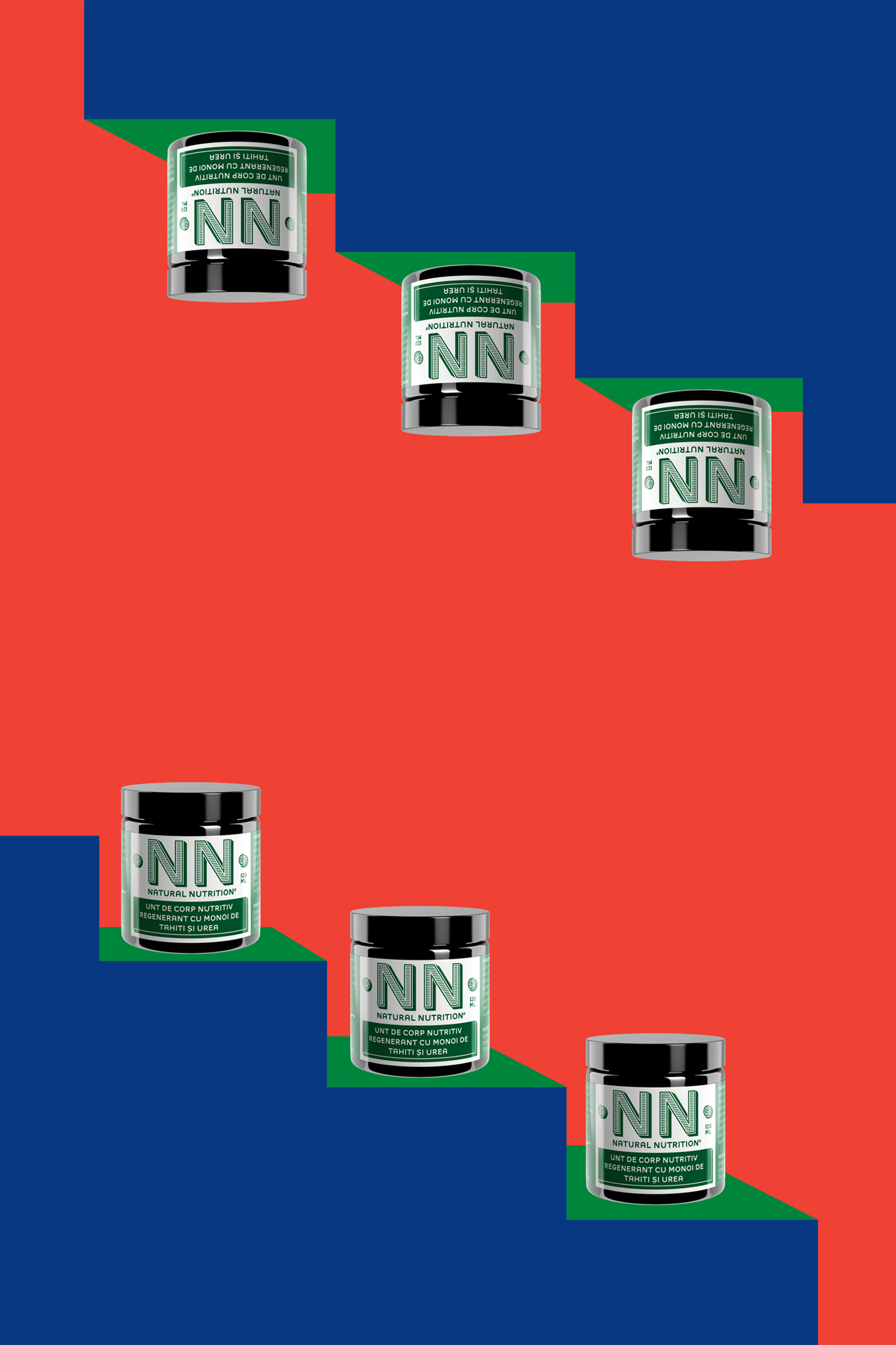Several green NN jars descending red-and-blue stepped geometric forms