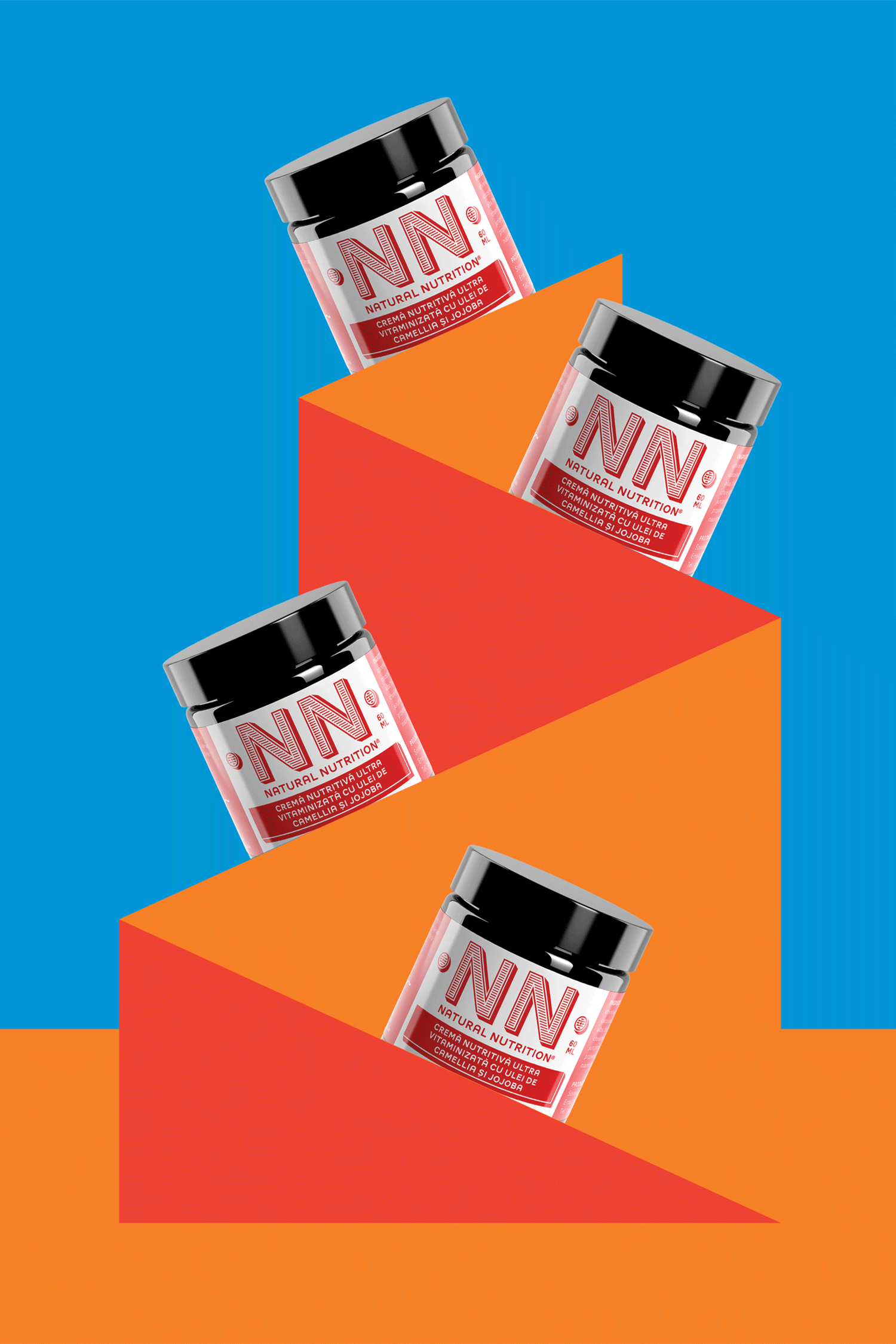 Three pink NN jars arranged on stacked orange geometric blocks