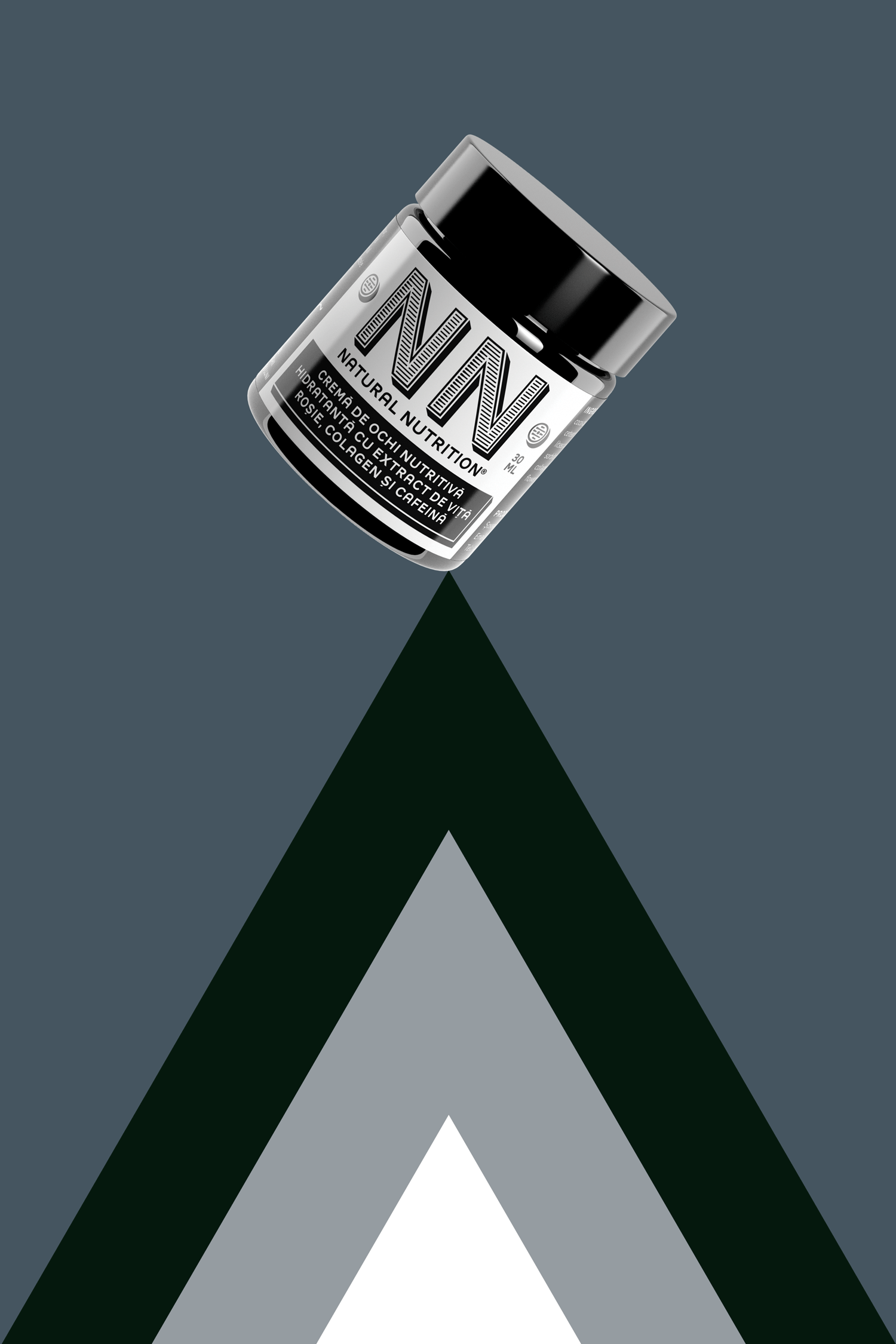 Grey NN jar balanced above dark green and grey triangular peaks