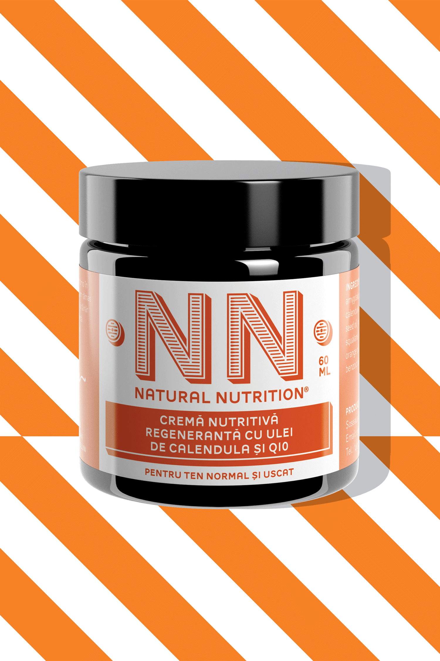 Pink-labeled NN jar over diagonal orange stripes
