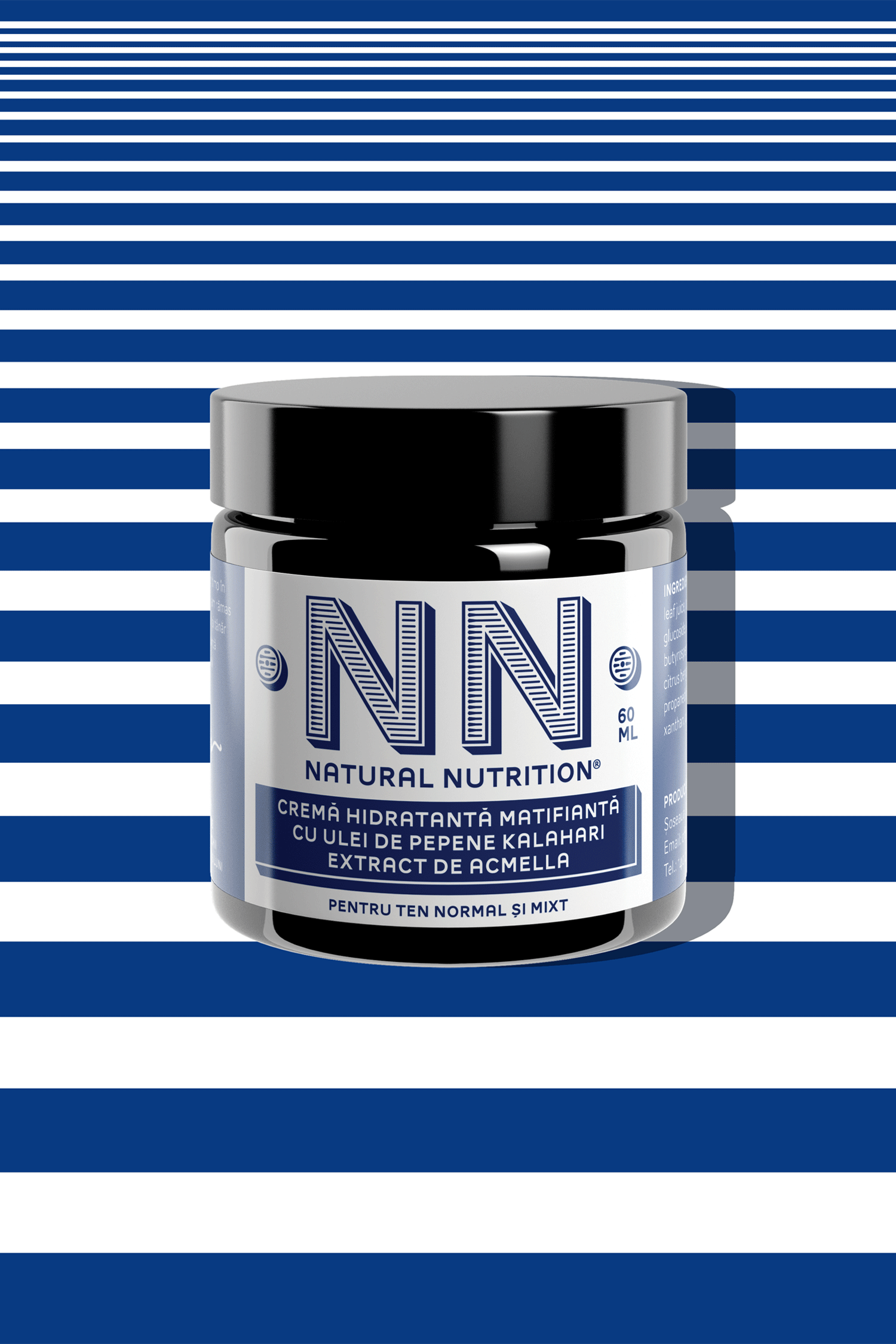 Blue-labeled NN jar over horizontal navy stripes