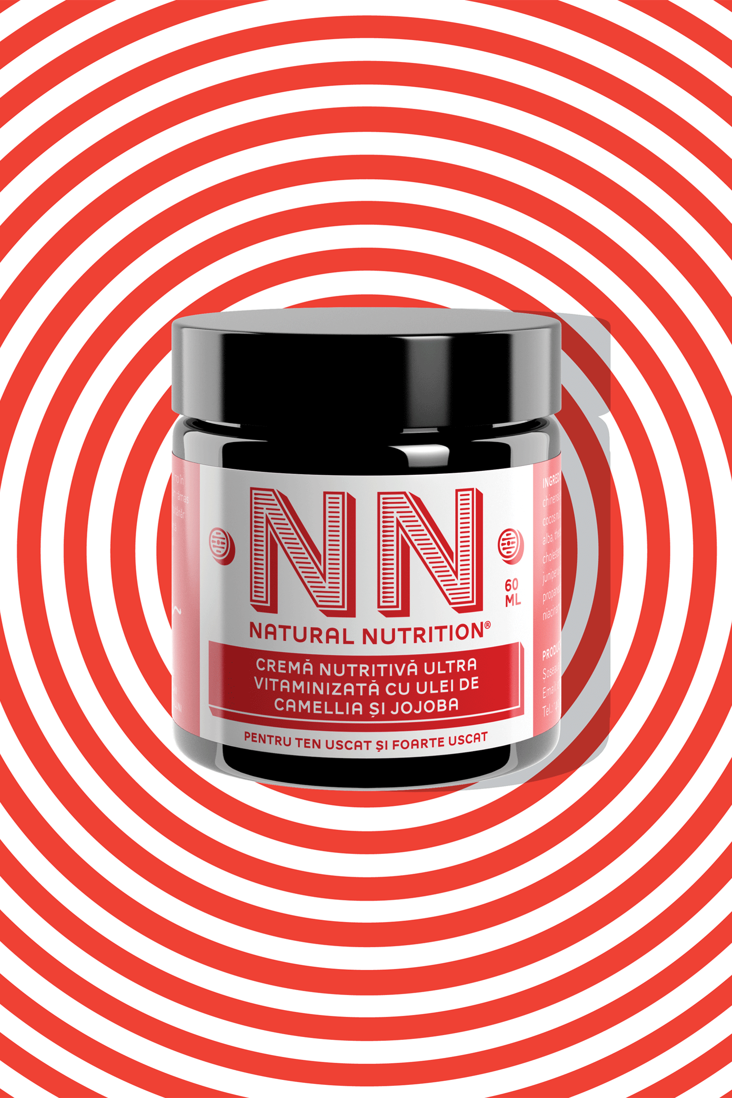 Pink-labeled NN jar over red concentric circular stripes