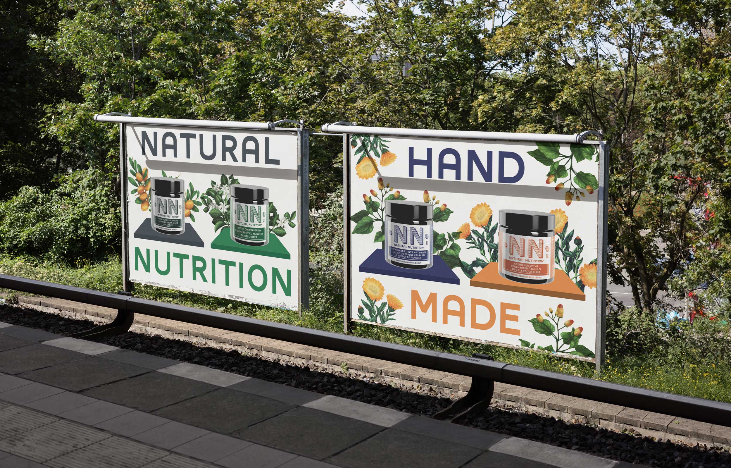 Two roadside billboards reading Natural Nutrition and Hand Made with illustrated NN jars