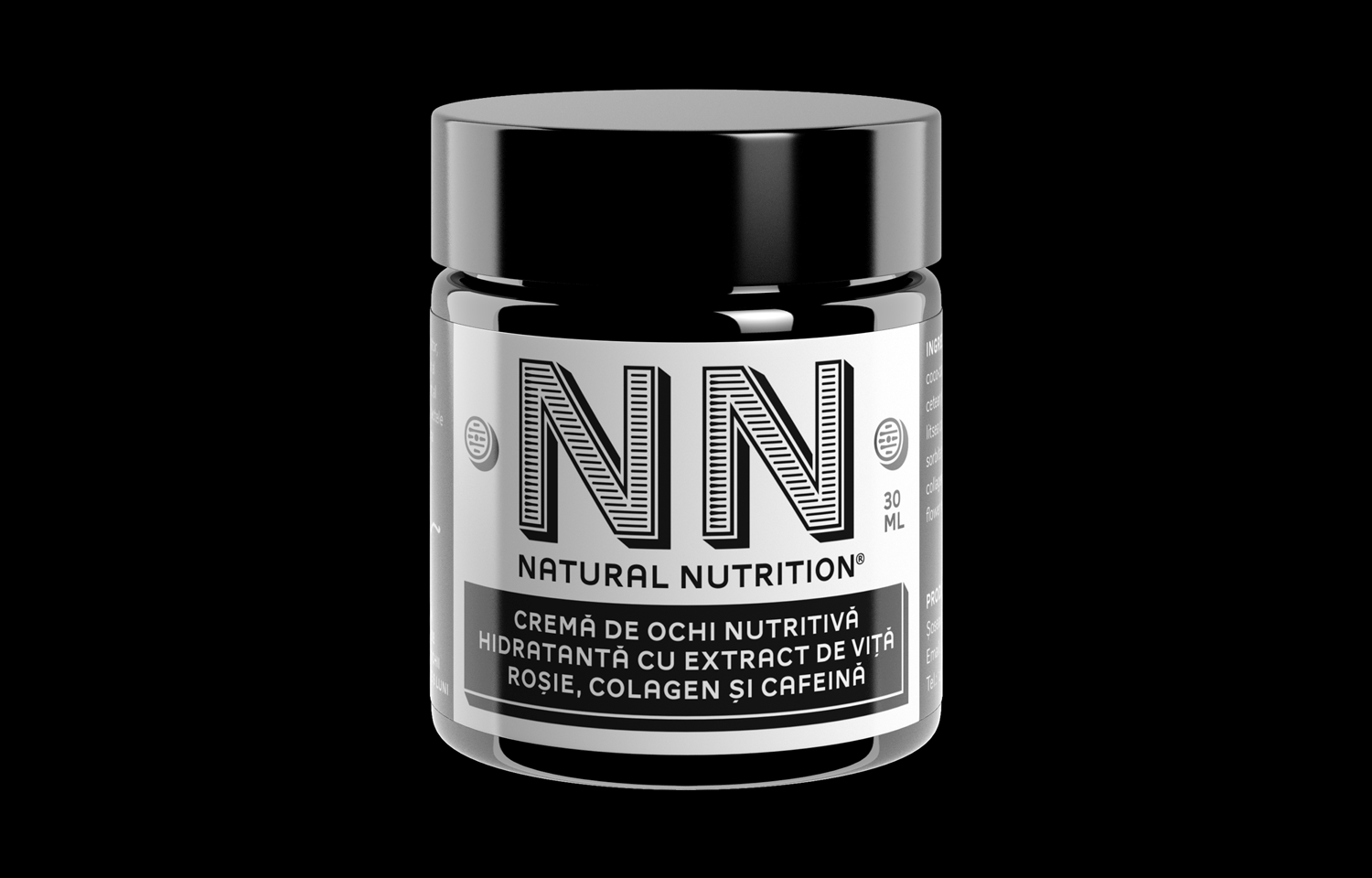 Black-lidded NN jar with black-and-silver label on a black background
