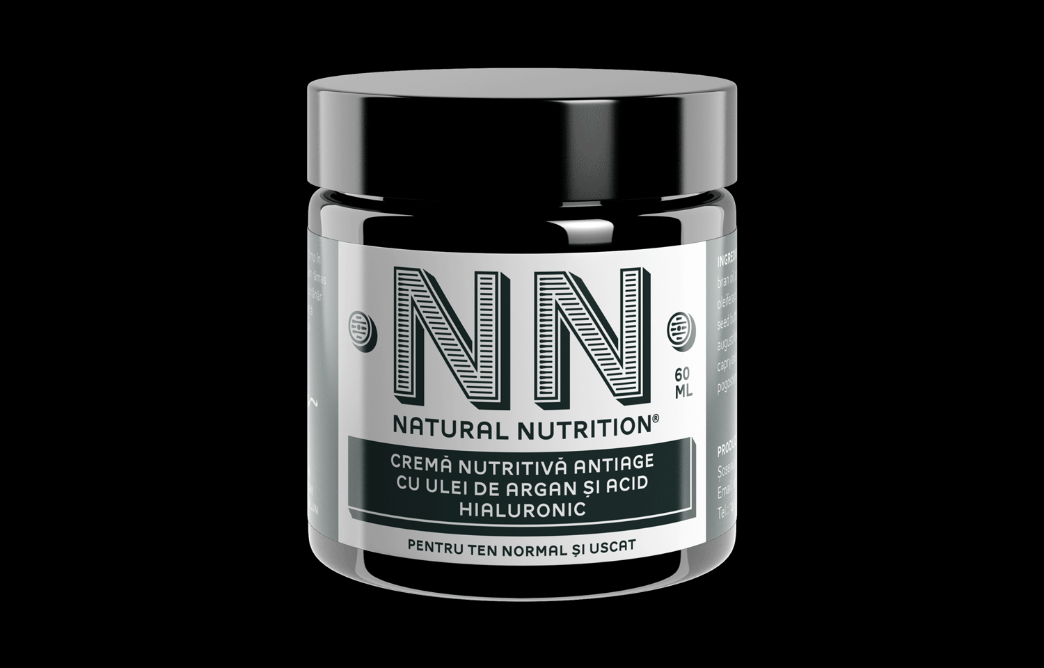 Black-lidded NN jar with grey label on a black background