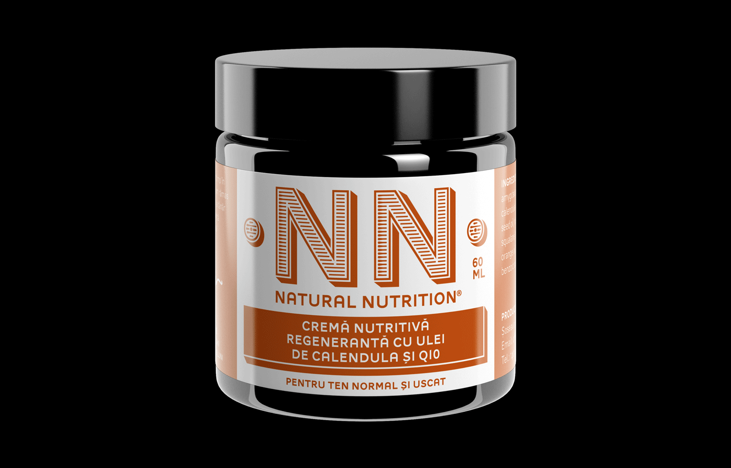 Black-lidded NN jar with warm orange label on a black background