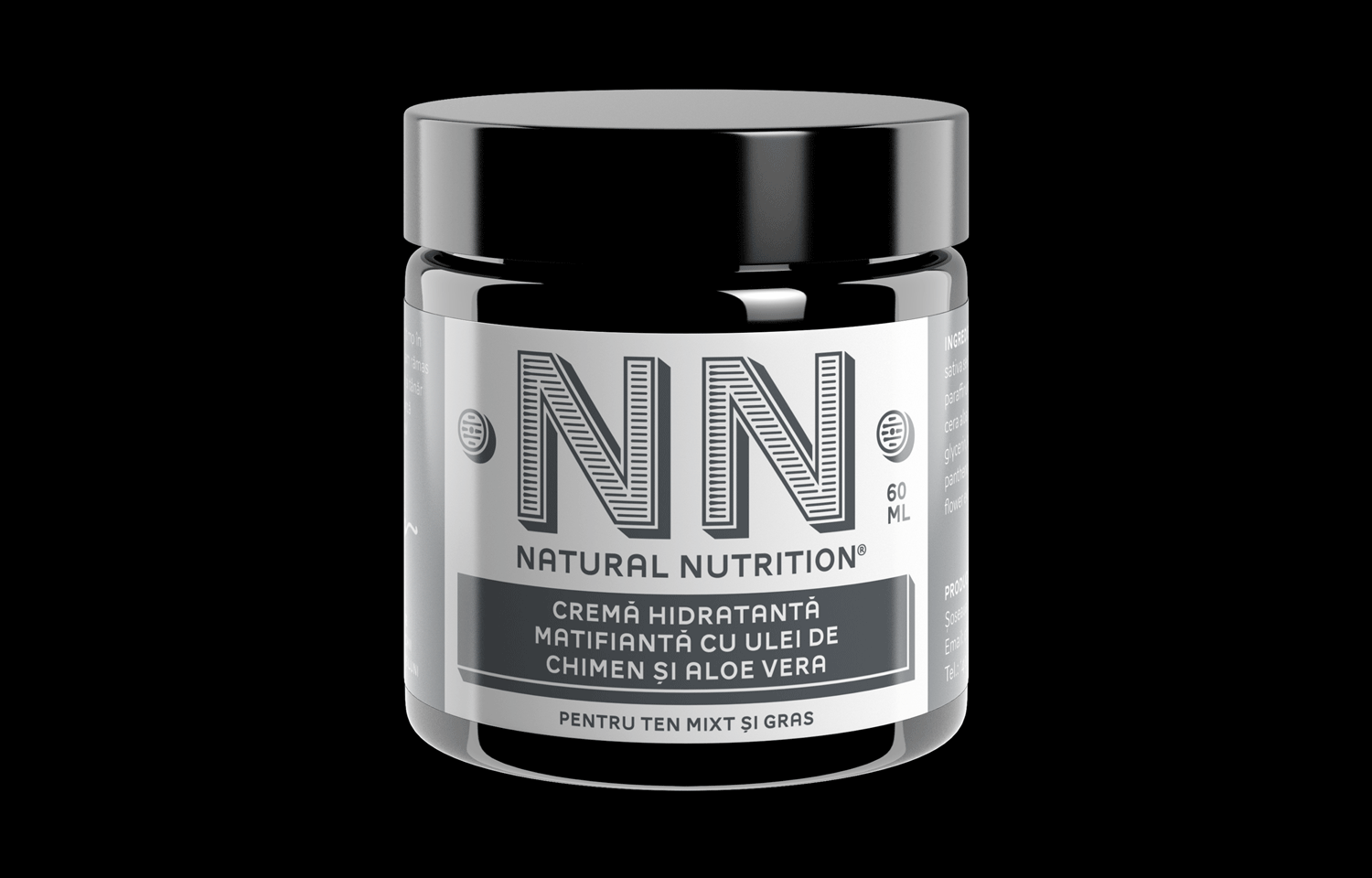 Black-lidded NN jar with grey and white label on a black background