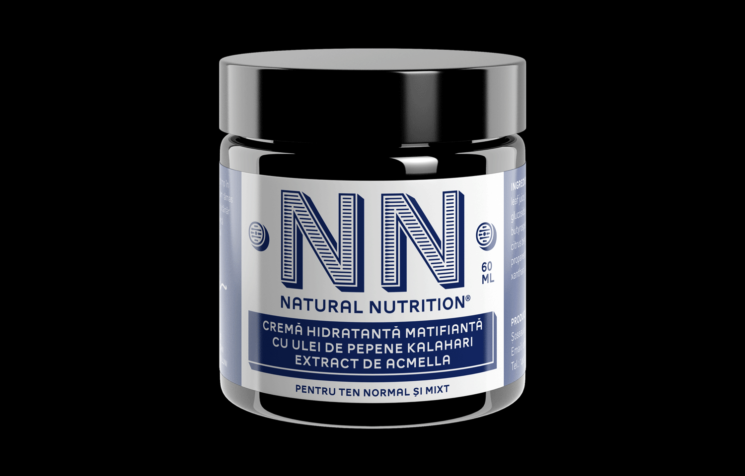Black-lidded NN jar with blue label on a black background