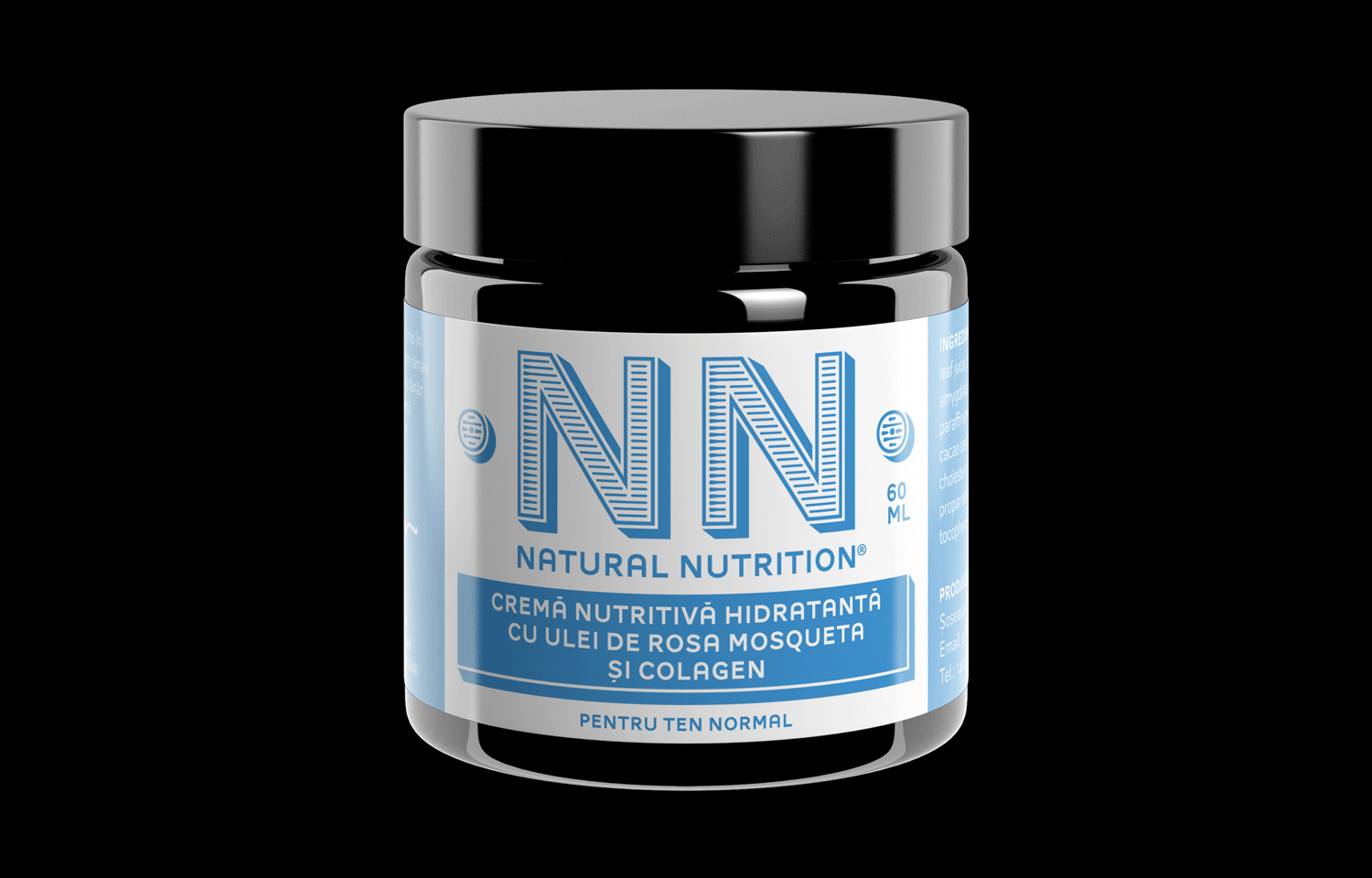 Black-lidded NN jar with pale blue label on a black background