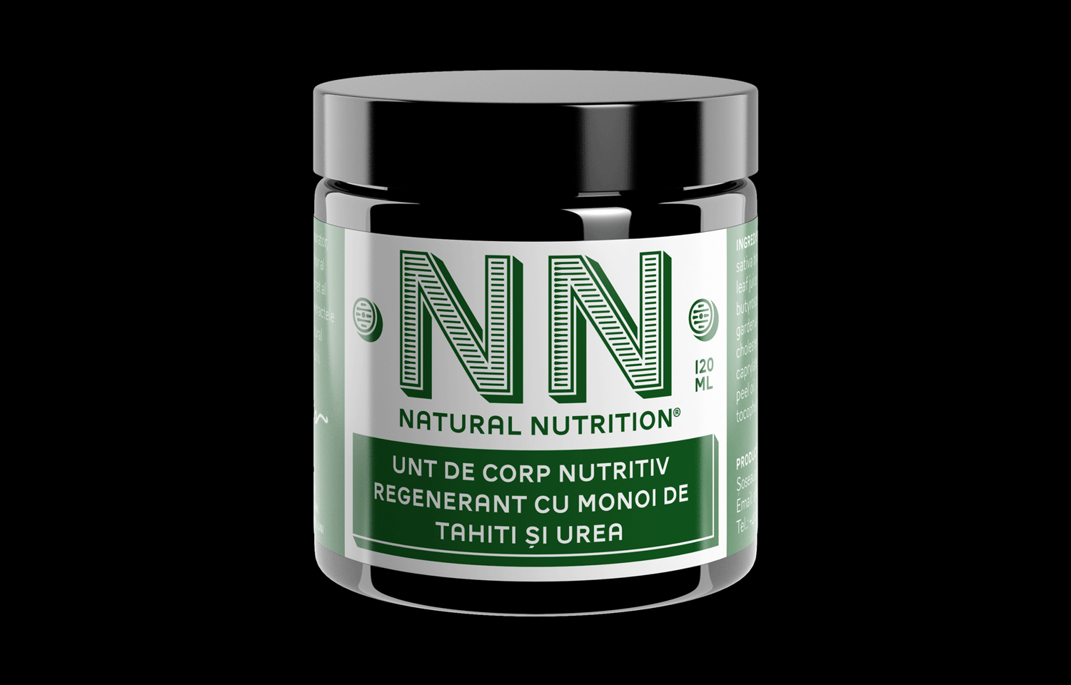 Black-lidded NN jar with green label on a black background