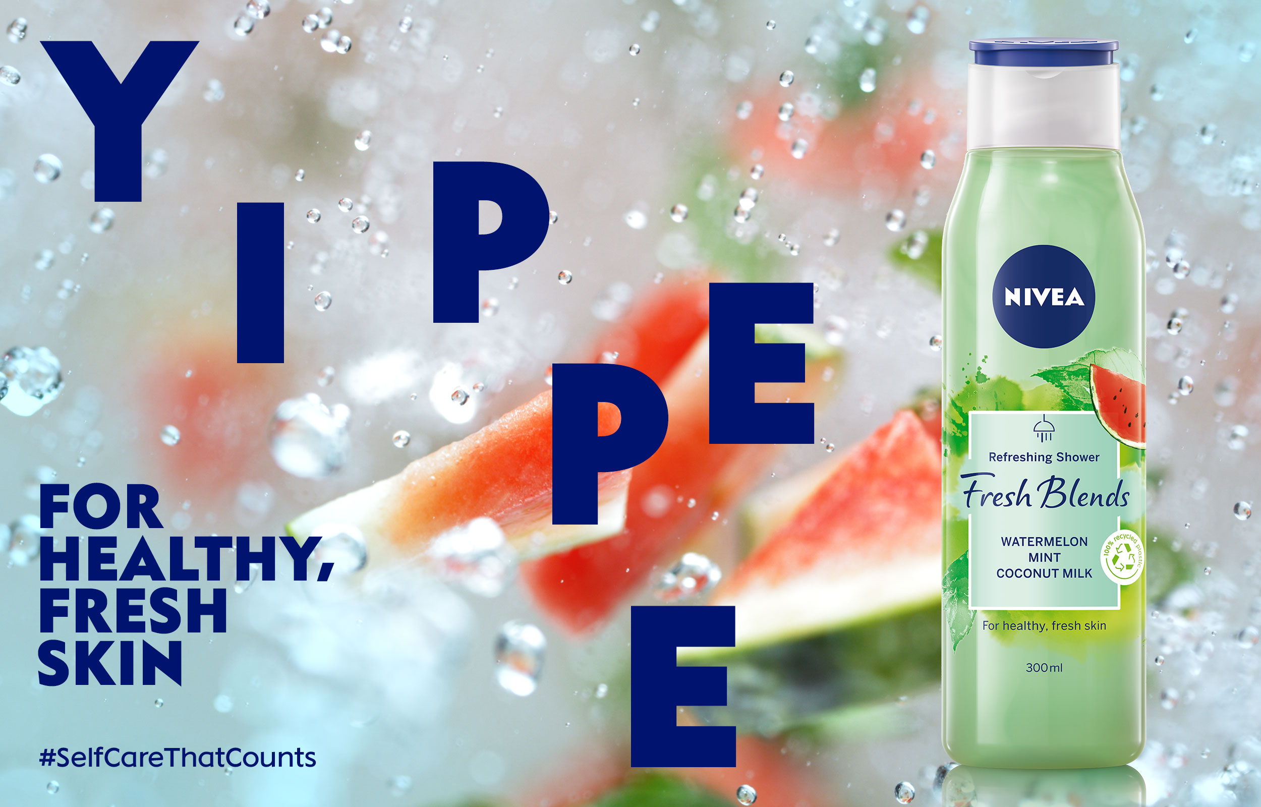 Nivea Fresh Blends green bottle with strawberries and cucumber behind blue letterforms