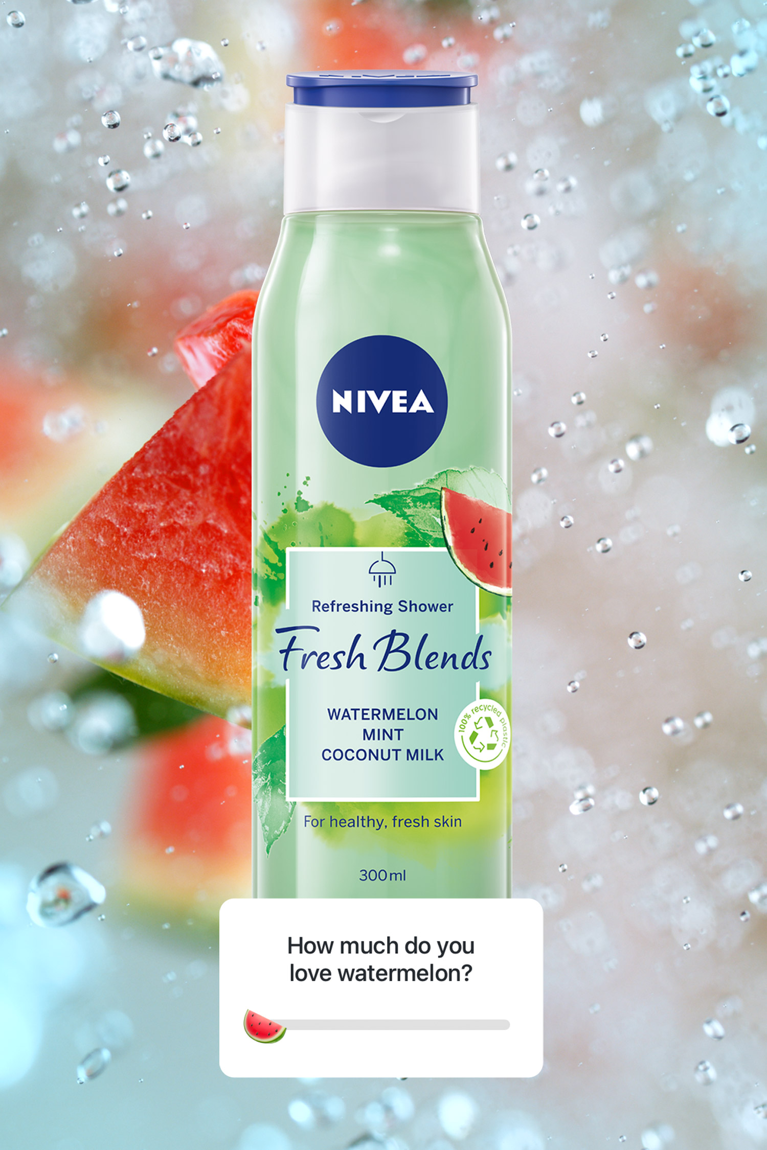 Nivea Fresh Blends green bottle with strawberries and cucumber above a question button
