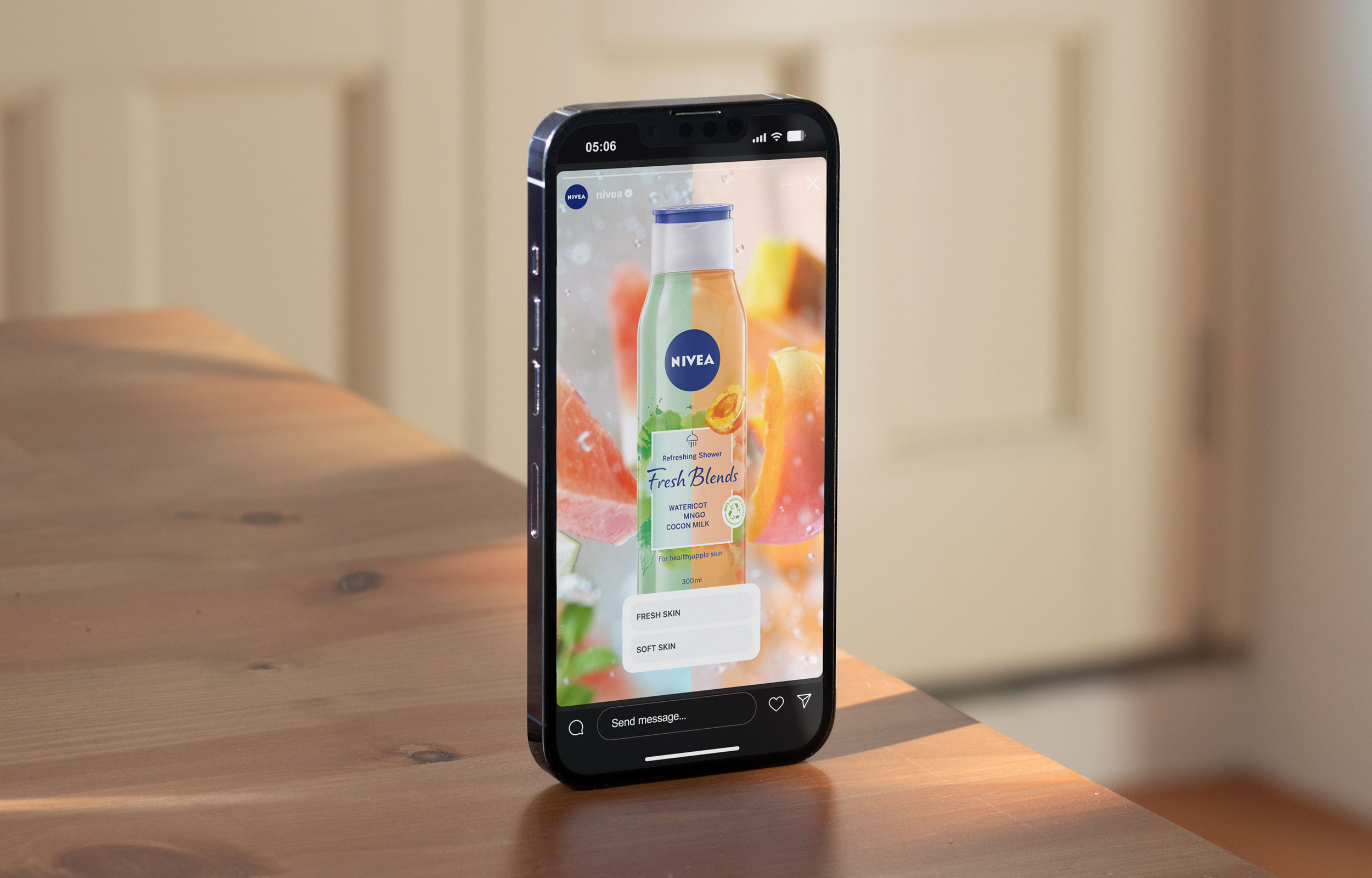 Smartphone displaying a Nivea Fresh Blends product page on a table
