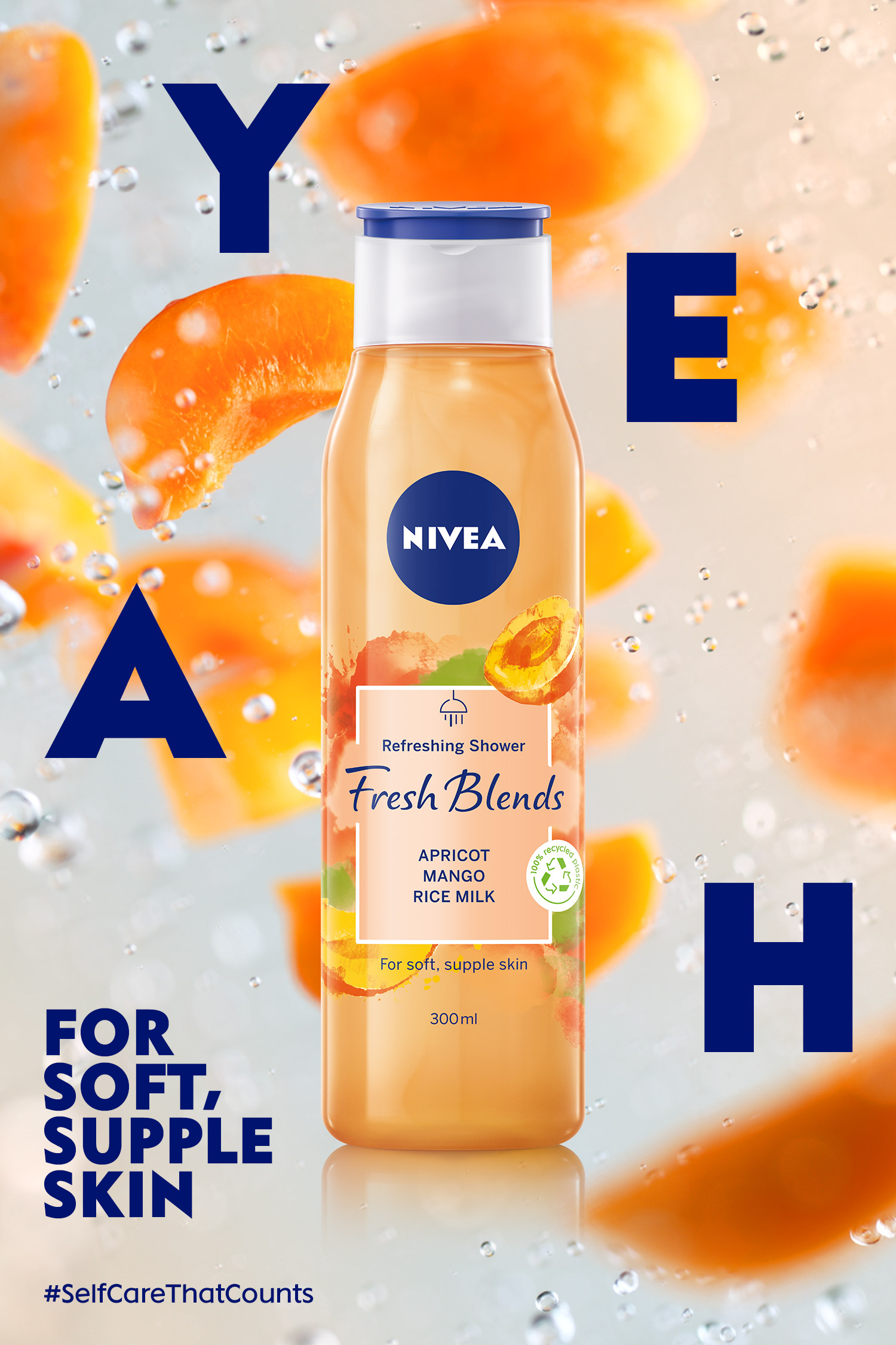 Nivea Fresh Blends yellow bottle with citrus pieces behind blue letterforms