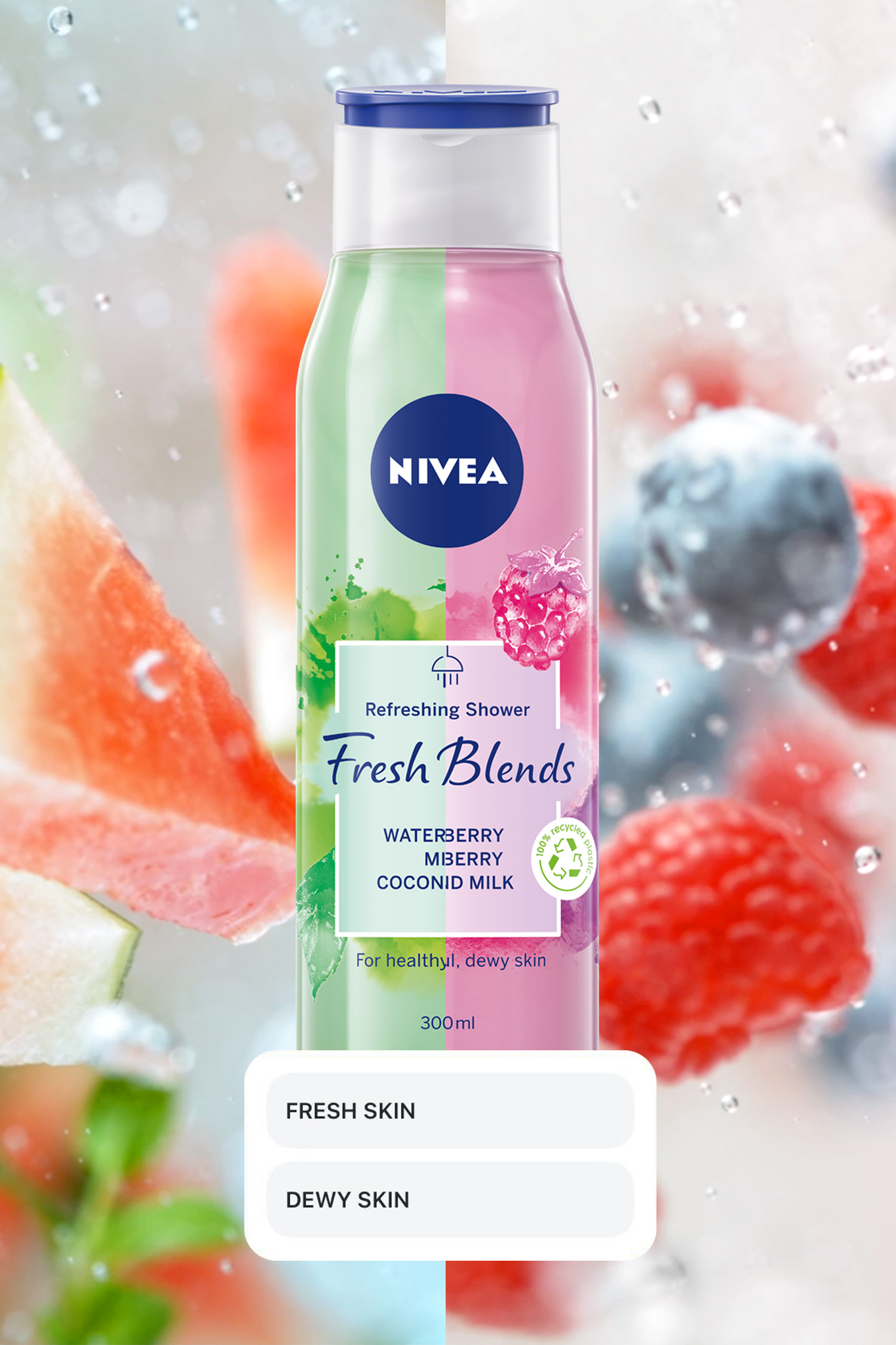 Nivea Fresh Blends green bottle with fruit and a Fresh Skin or Dewy Skin choice