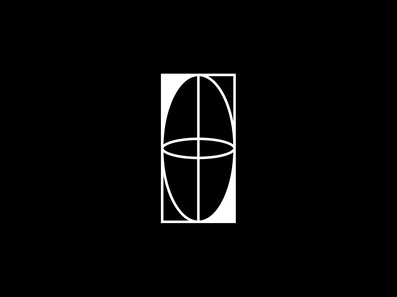 White vertical oval and intersecting line icon inside a rectangle on black