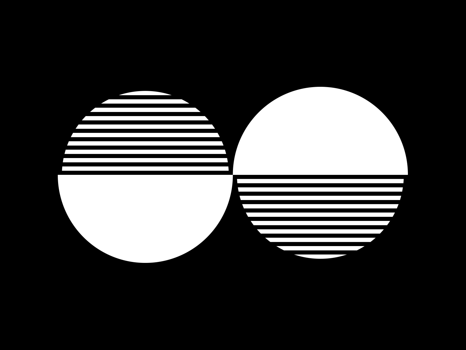 Two paired white circles, half filled with horizontal stripes, on black